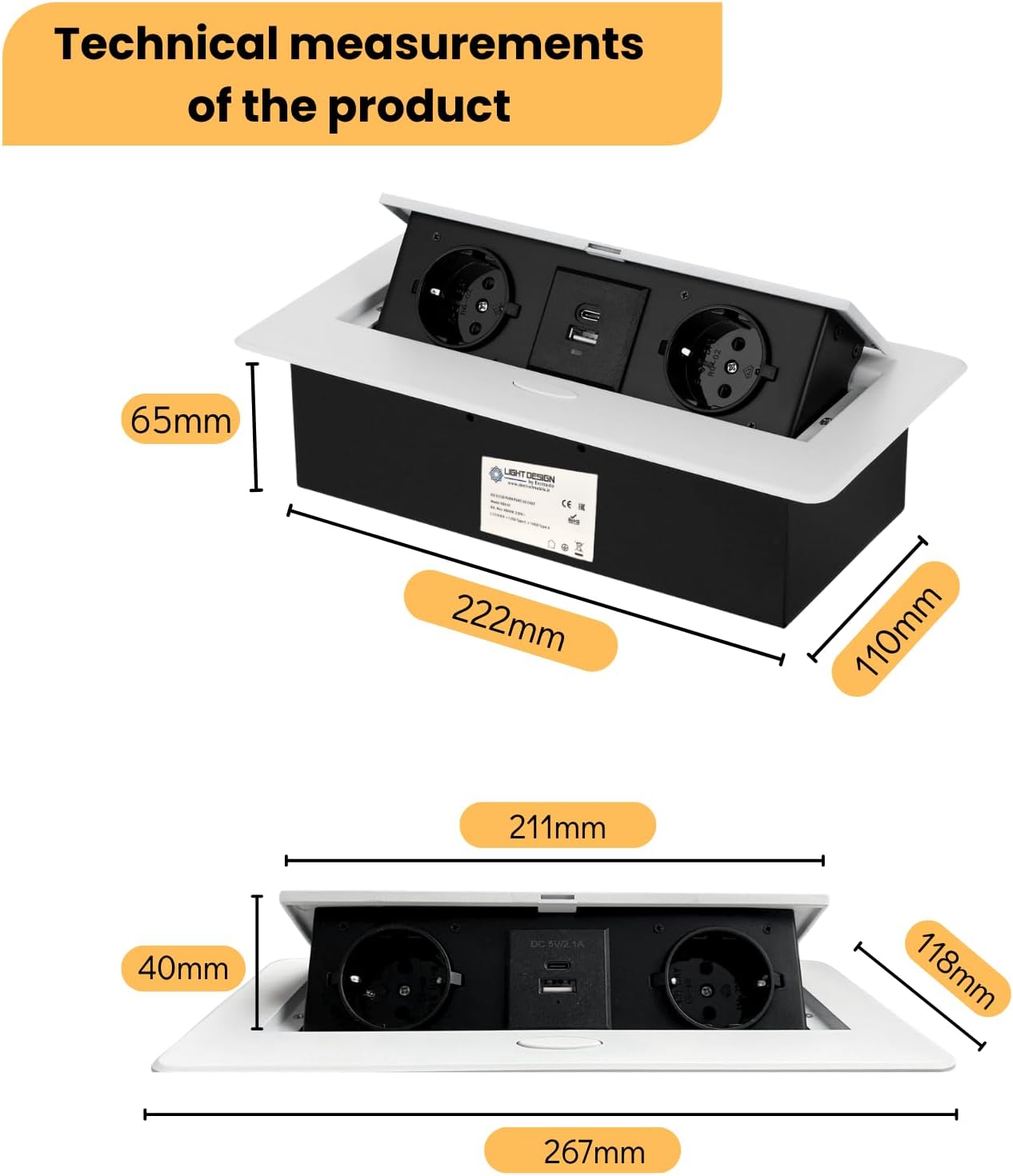 Multiprise Encastrable Escamotable avec 2 Prises SCHUKO + 2 Prises USB (A+C), Câble de 1,5 m – Pour Bureau et Table (Couleur Blanc) - 2