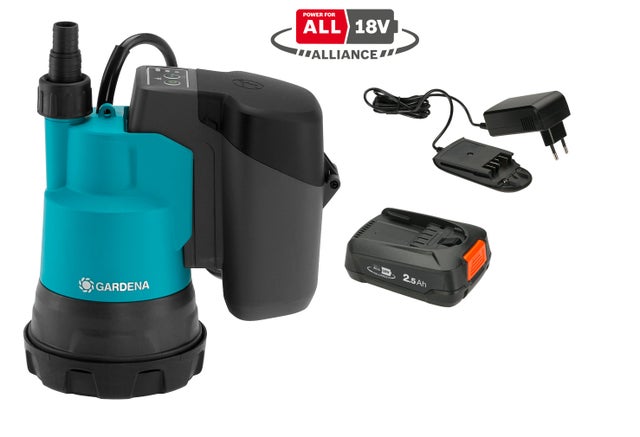 GARDENA Pompe immergée pour eaux claires 2000/2 18V POWER FOR ALL. Prête à l'emploi avec outil, batterie et chargeur inclus. (14600-20)