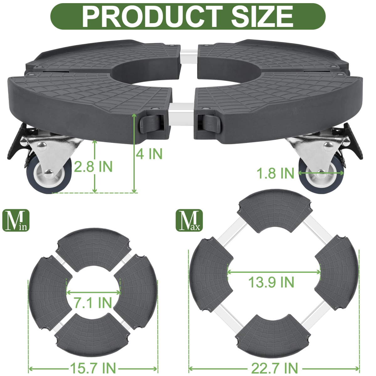 Caddie à plantes avec roues, capacité robuste de 440lb, support à plantes roulant réglable de 15 à 21 pouces, pour l'intérieur et l'extérieur - 2