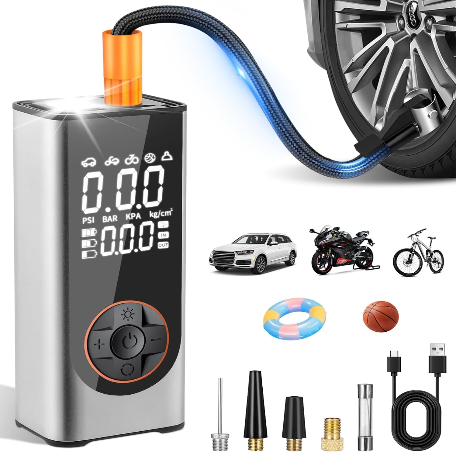 Compresseur Air Portatif 150 PSI – Gonfleur Pneus Voiture, Vélo, Ballon – Écran LCD, Arrêt Auto, Lumière LED