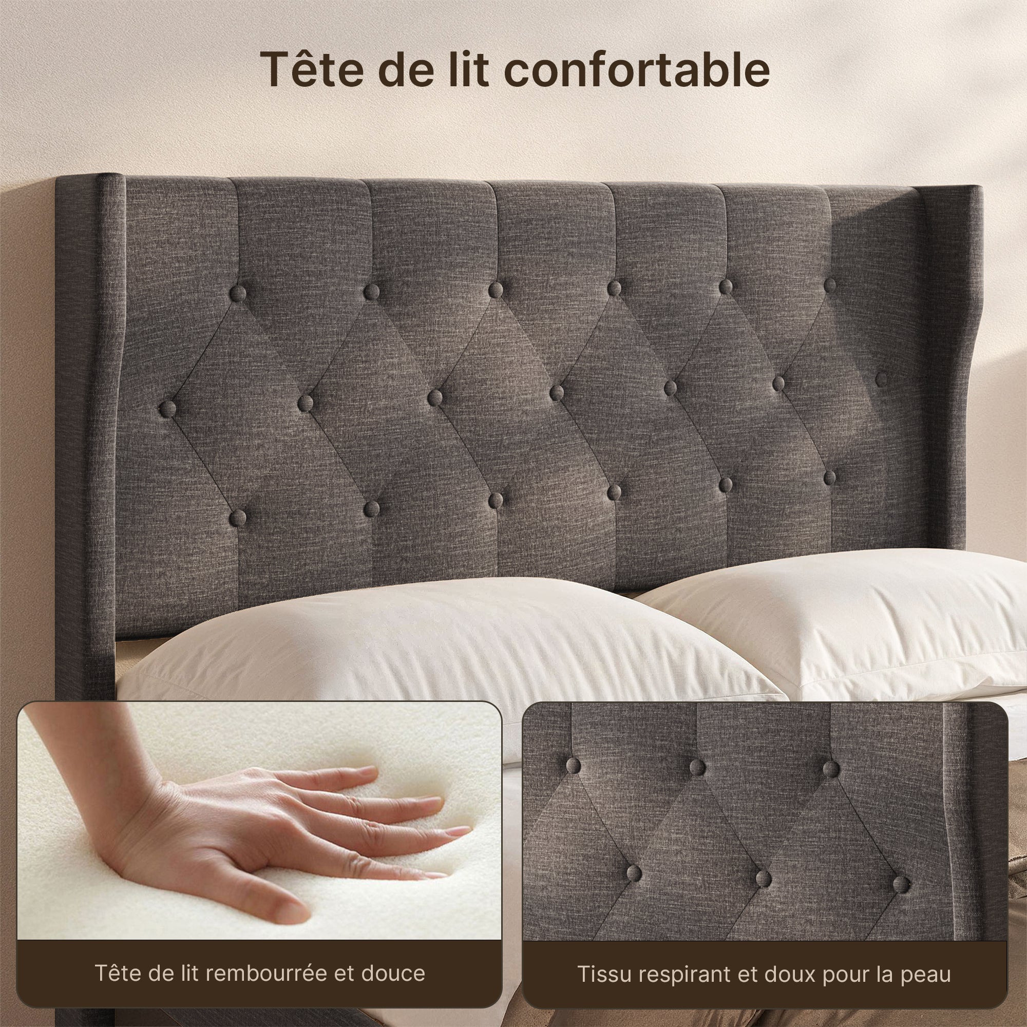 Bealife Lit 140 x 200 cm Lit Simple Structure de Lit Lit Rembourré Lattes en Bois de Spin 20 cm de Rangement Gris Foncé - 5