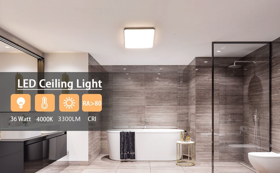 Plafón LED Baño GOECO, 36W 3200lm, Luz de techo Luz neutra 4000K para Cocina Pasill Dormitorio, Cuadrado D.23cm, Blanco - 9