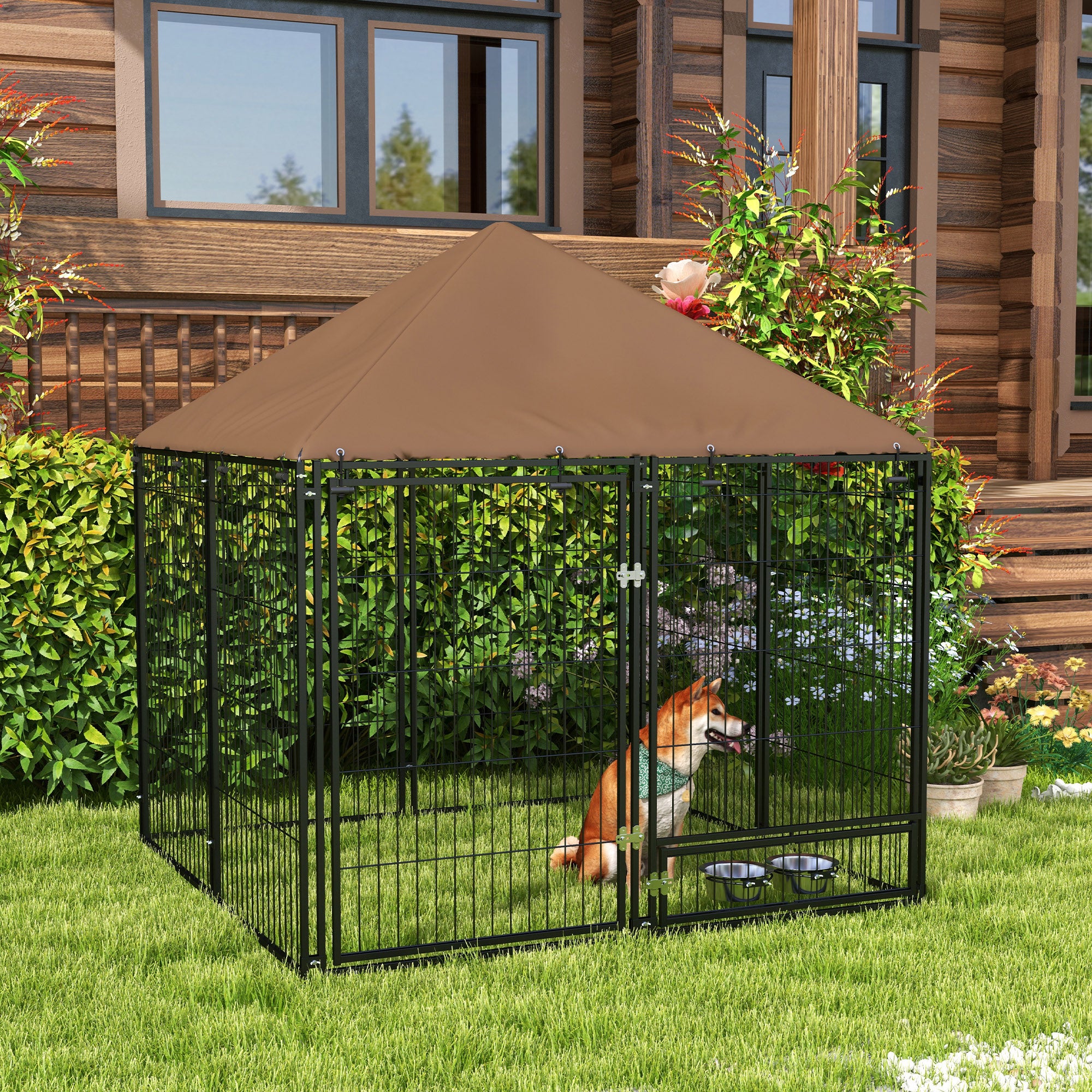 Enclos extérieur pour chiots avec auvent, parc de jardin, cage, gamelle pivotante, 141 x 141 x 151 cm - 2