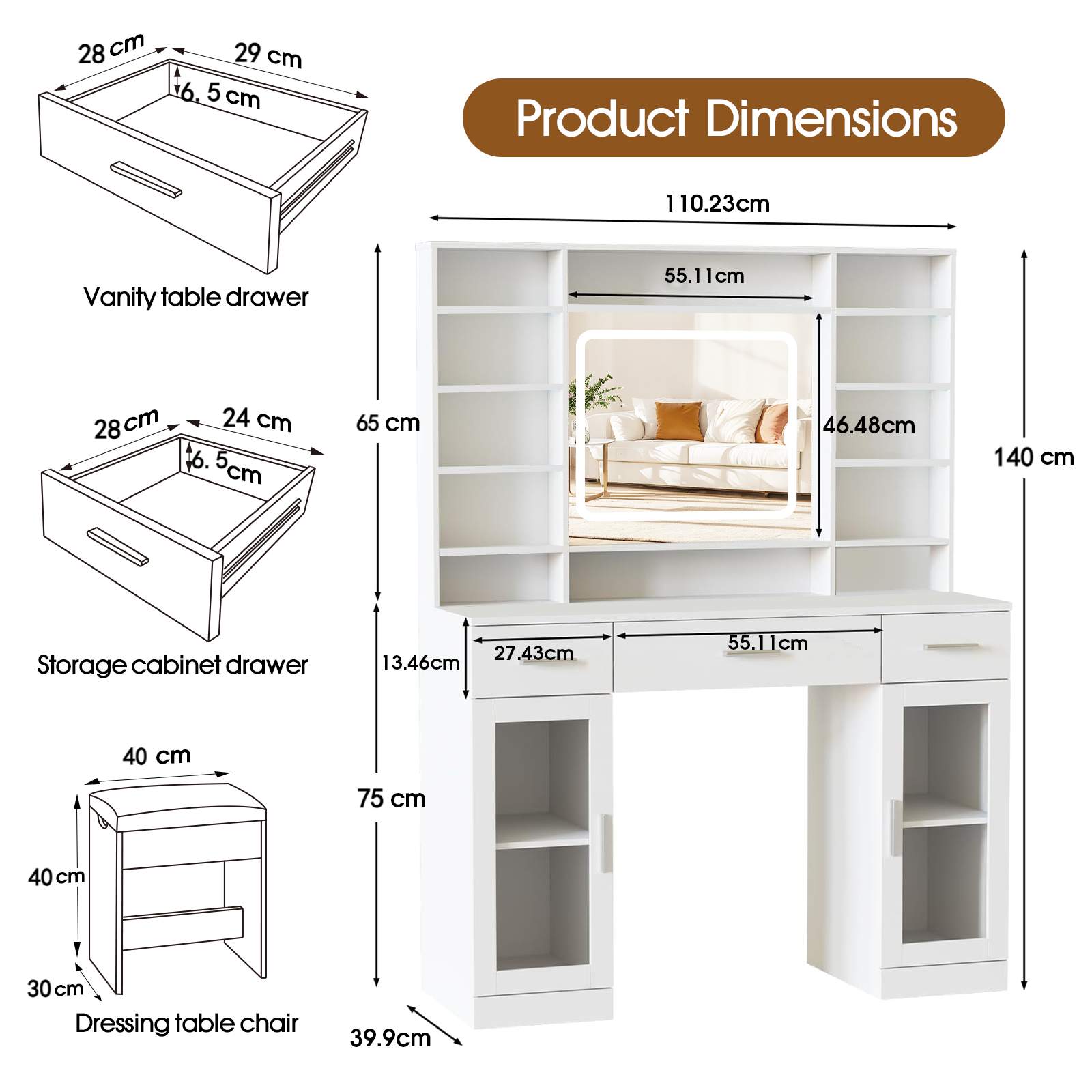 Meuble de toilette avec miroir - Tiroirs, étagères, surface spacieuse, toit anti-poussière - 3 modes de couleur, blanc - Idéal pour chambre - 5