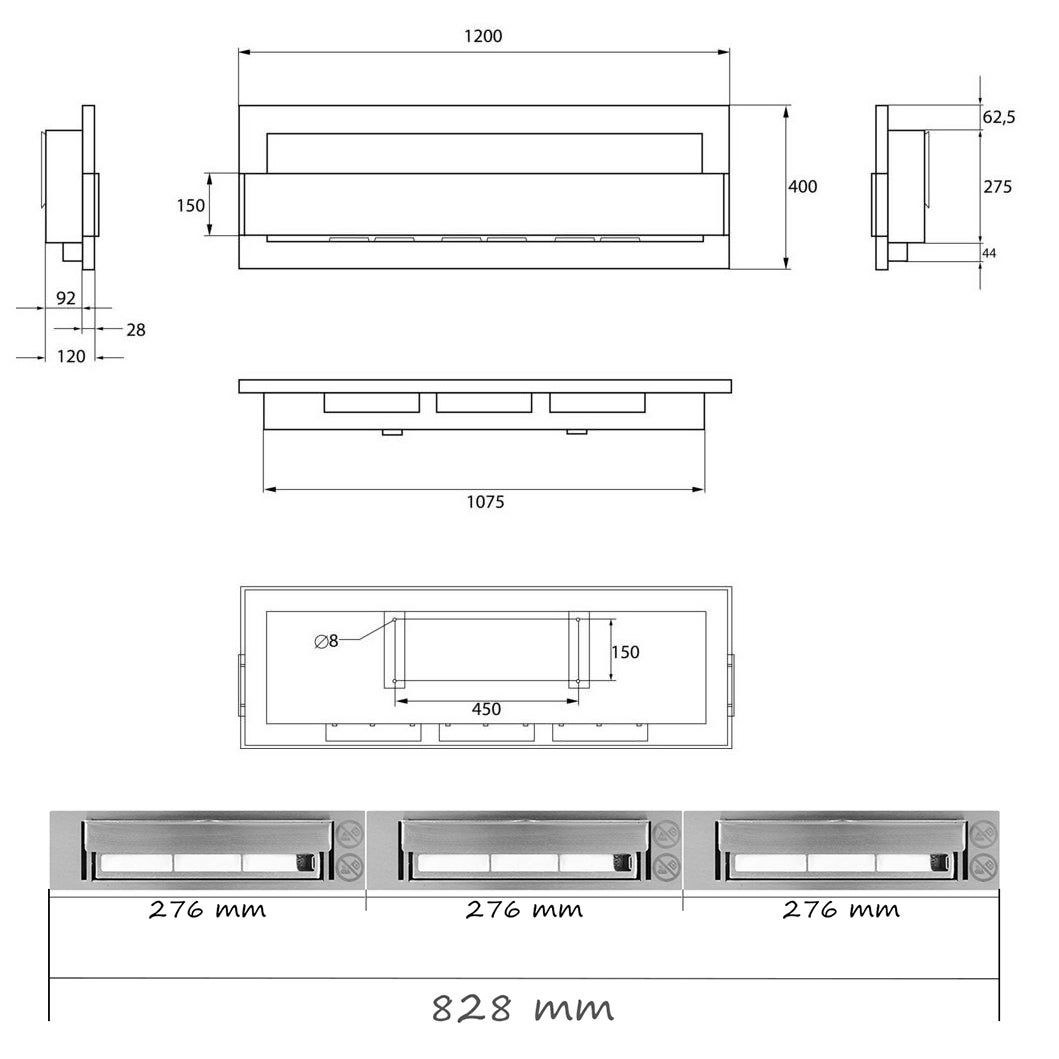 Camino a bioetanolo da parete o da incasso 120 cm nero con vetro per appartamento - 9