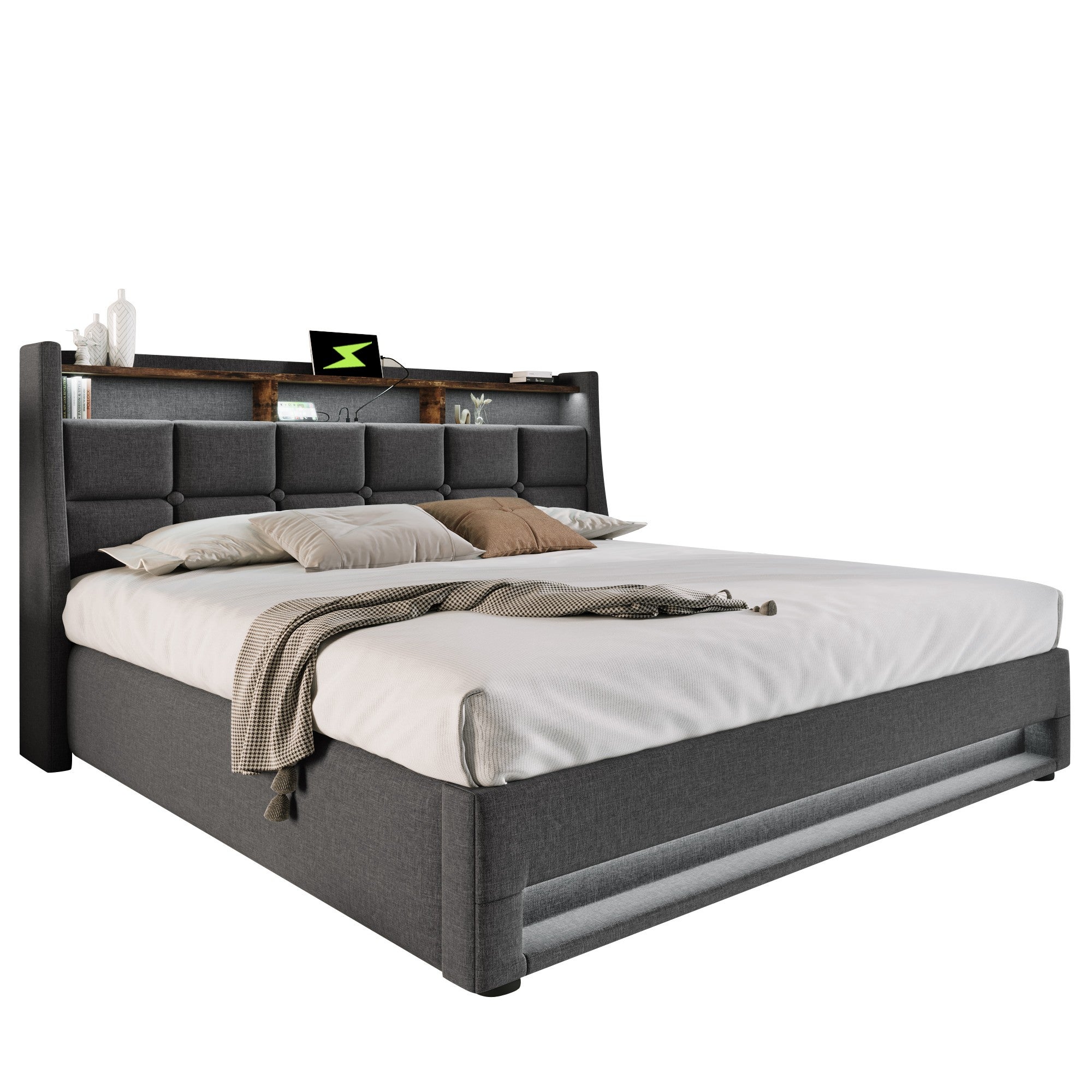 Cama con almacenaje de lino 180x200 cm con LED y puertos USB - somier - gris - 9