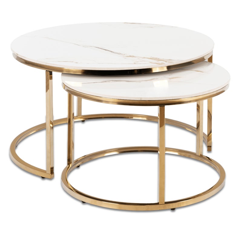 Stolik Kawowy Okrągły Zestaw 2w1 Ława Glamour Marmur Biały Złoty MILANO
