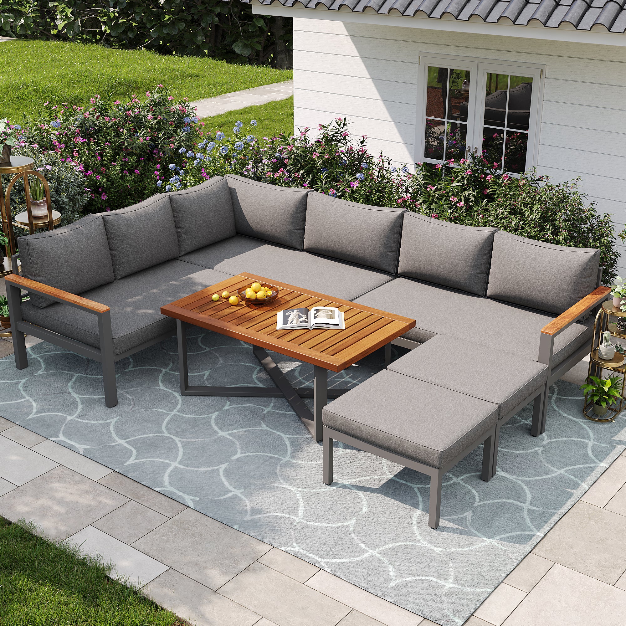 Mobiliario de jardín modular en hierro galvanizado: 3 sofás de 2 plazas + 2 bancos + 1 mesa de centro - Gris - 7