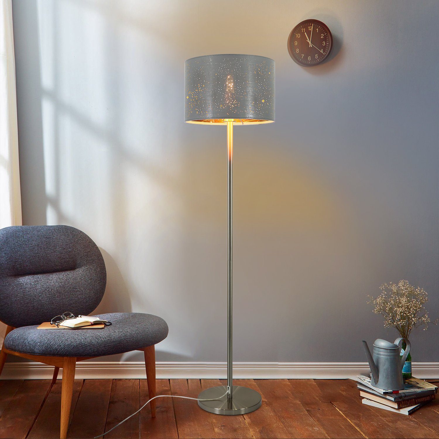 NETTLIFE Nowoczesna lampa podłogowa do salonu - Lampa podłogowa z kloszem w kształcie gwiazdy w kolorze złoto-szarym, 144 cm, z włącznikiem nożnym - 3