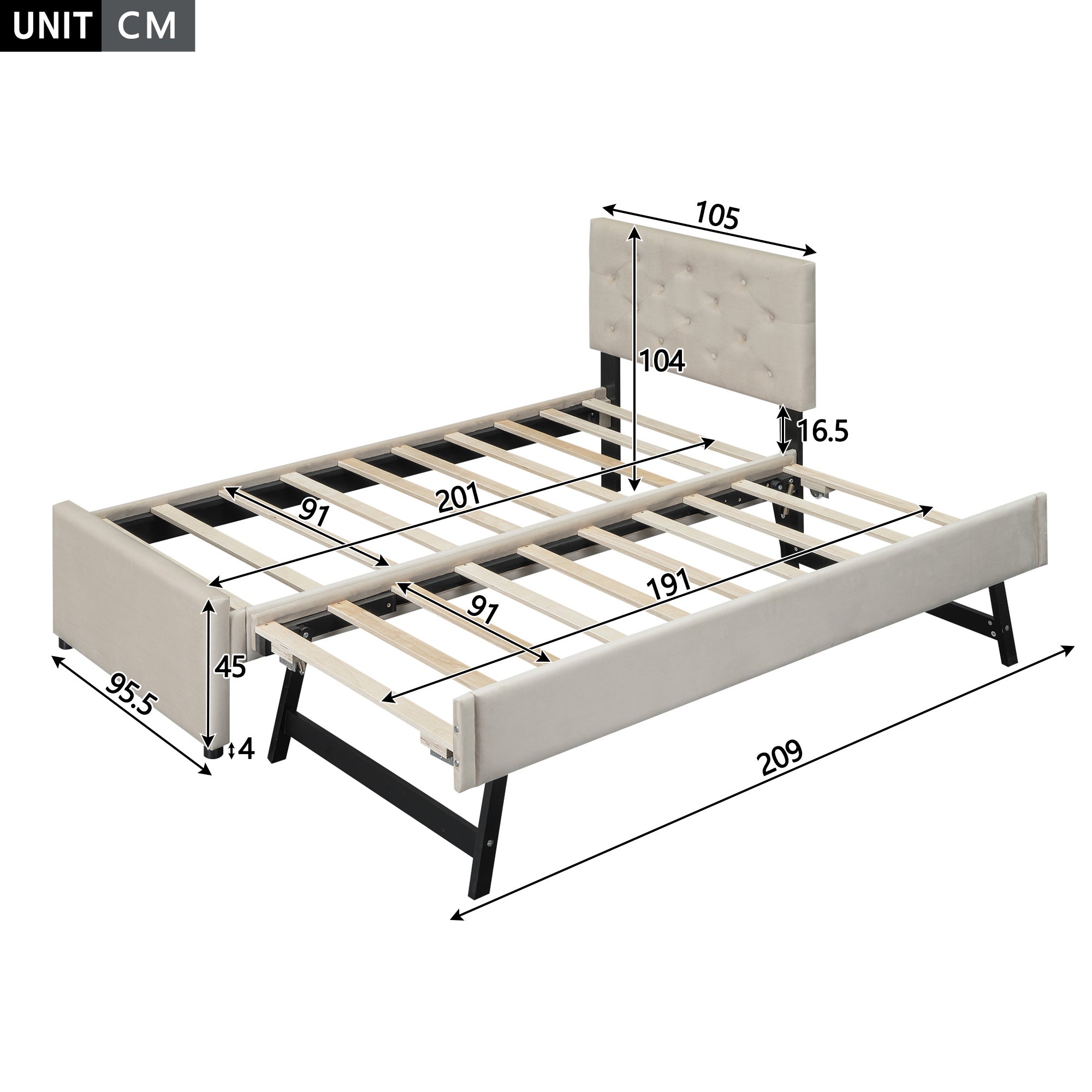 Lit simple 90x200cm en velours - avec un lit gigogne - avec sommier à lattes - Beige (matelas non inclus) - 5