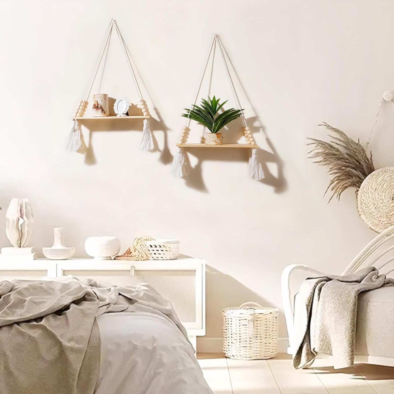 Lot de 2 étagères murales en bois - Étagère suspendue en macramé avec pompon, étagère flottante de rangement bohème, support pour plantes suspendu - 6