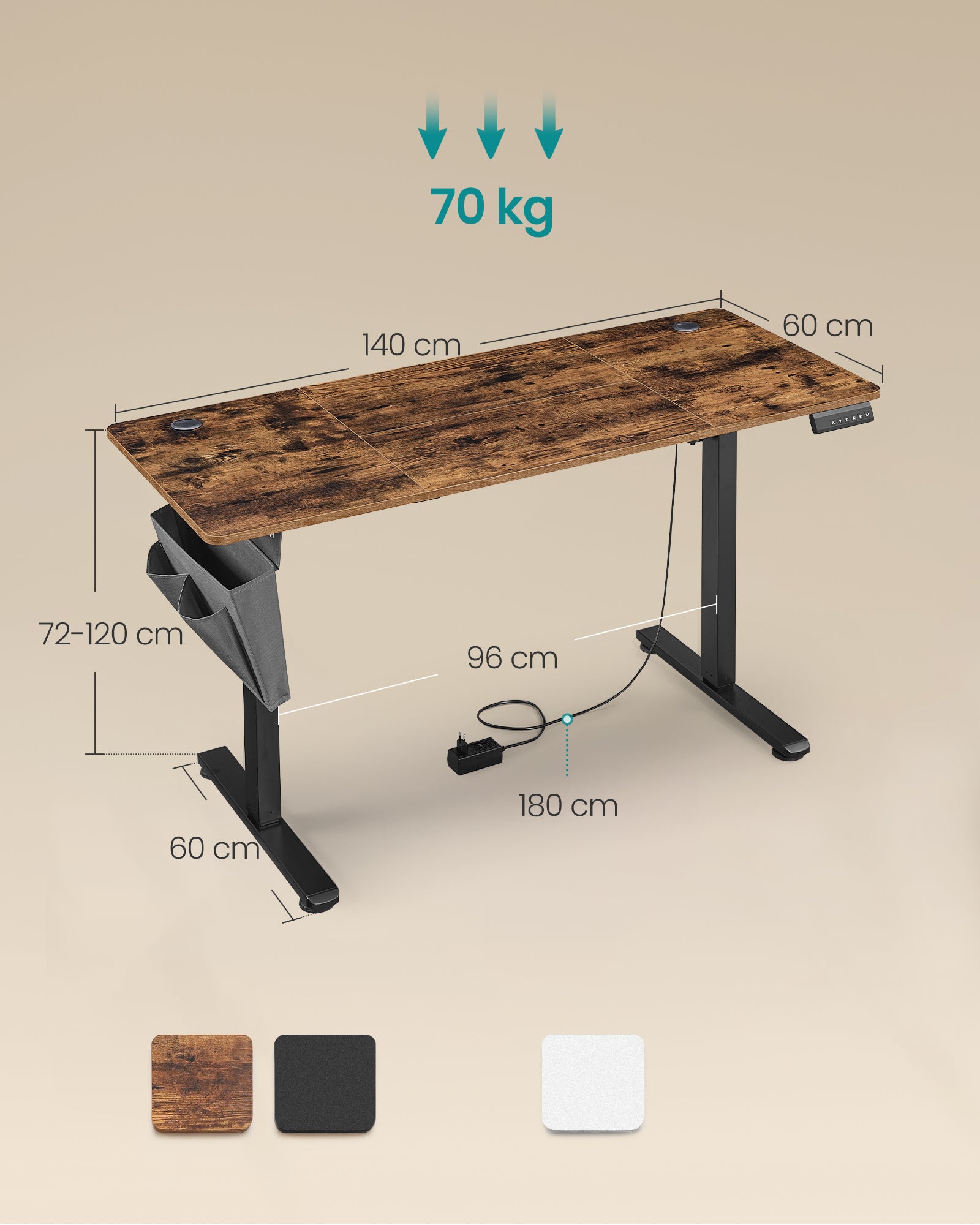 Bureau Électrique Assis-Debout, Bureau Réglable en Hauteur, 60 x 140 x (72-120) cm, 4 Hauteurs Mémorisables, Pochette de Rangement, Marron et Noir - 5