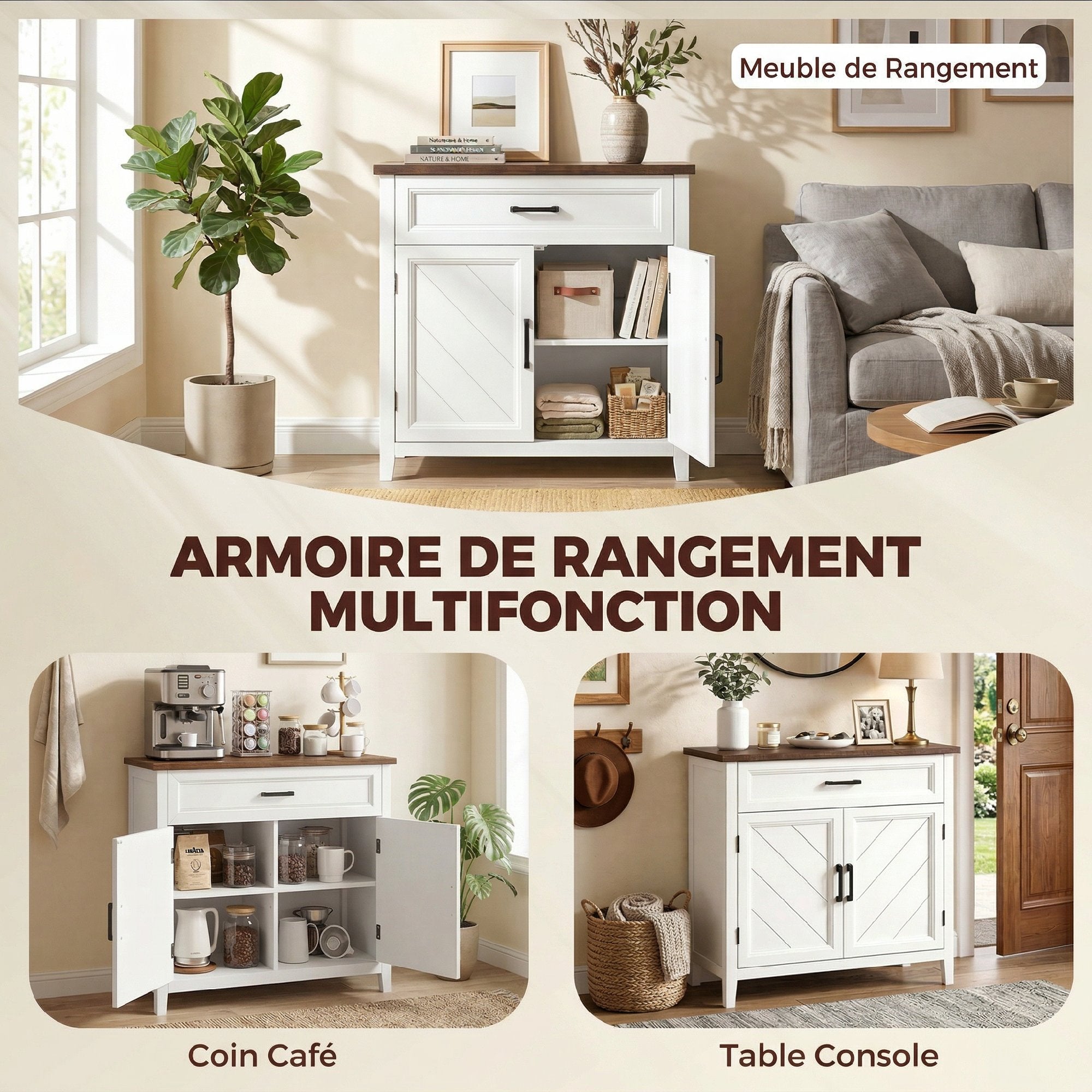 Buffet salon 2 portes tiroir étagère 76 x 35 x 80 cm blanc | Leroy Merlin