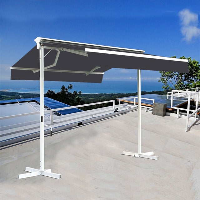 Stores bannes de terrasse double pente avec coffre sur pied - 3,5 x 3 m - Gris anthracite
