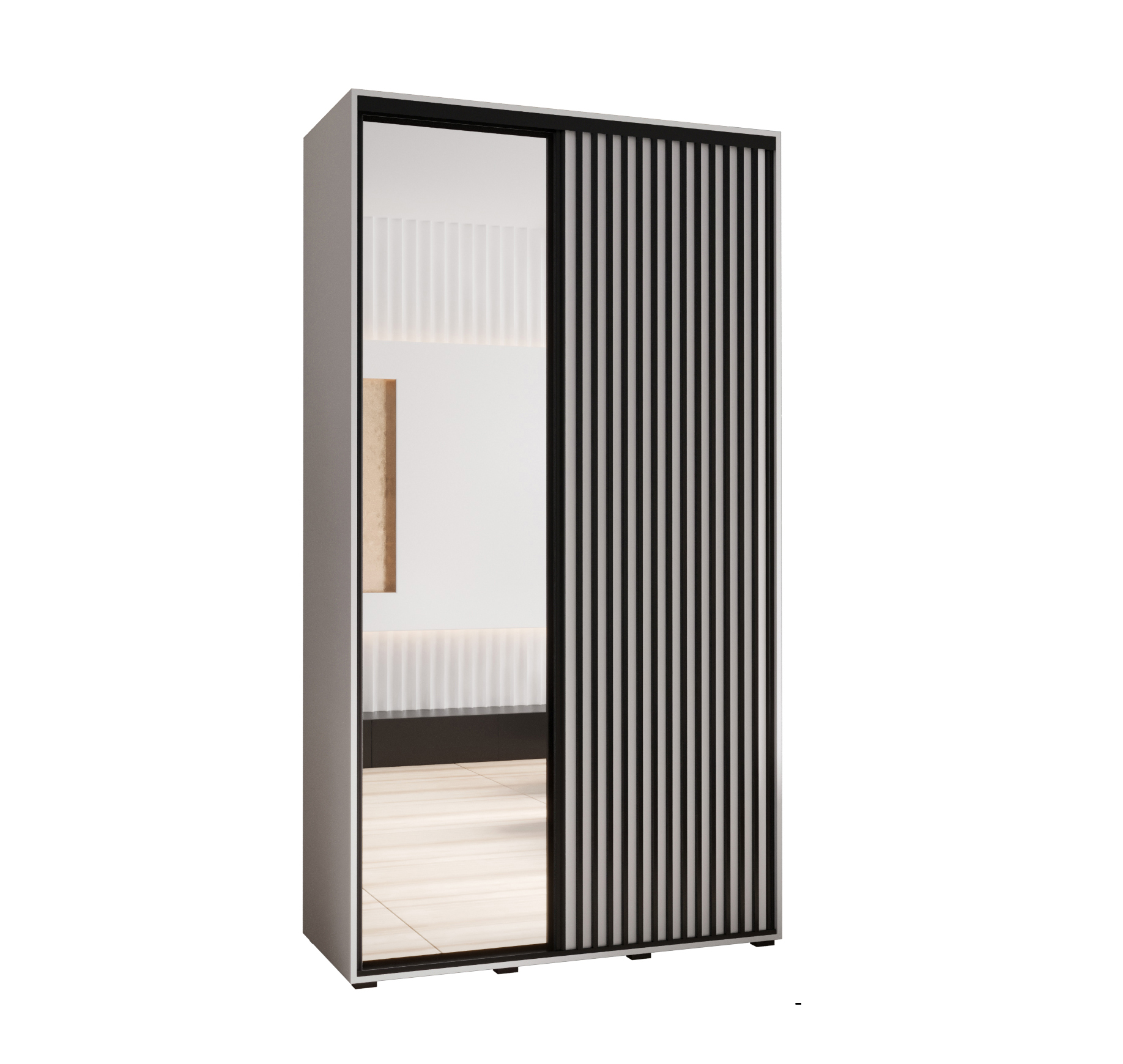 Szafa przesuwna z lustrem wysoka Lanko 2 130 x 45 x 235,2 cm biały + biały + lamele czarny - Abiks Meble