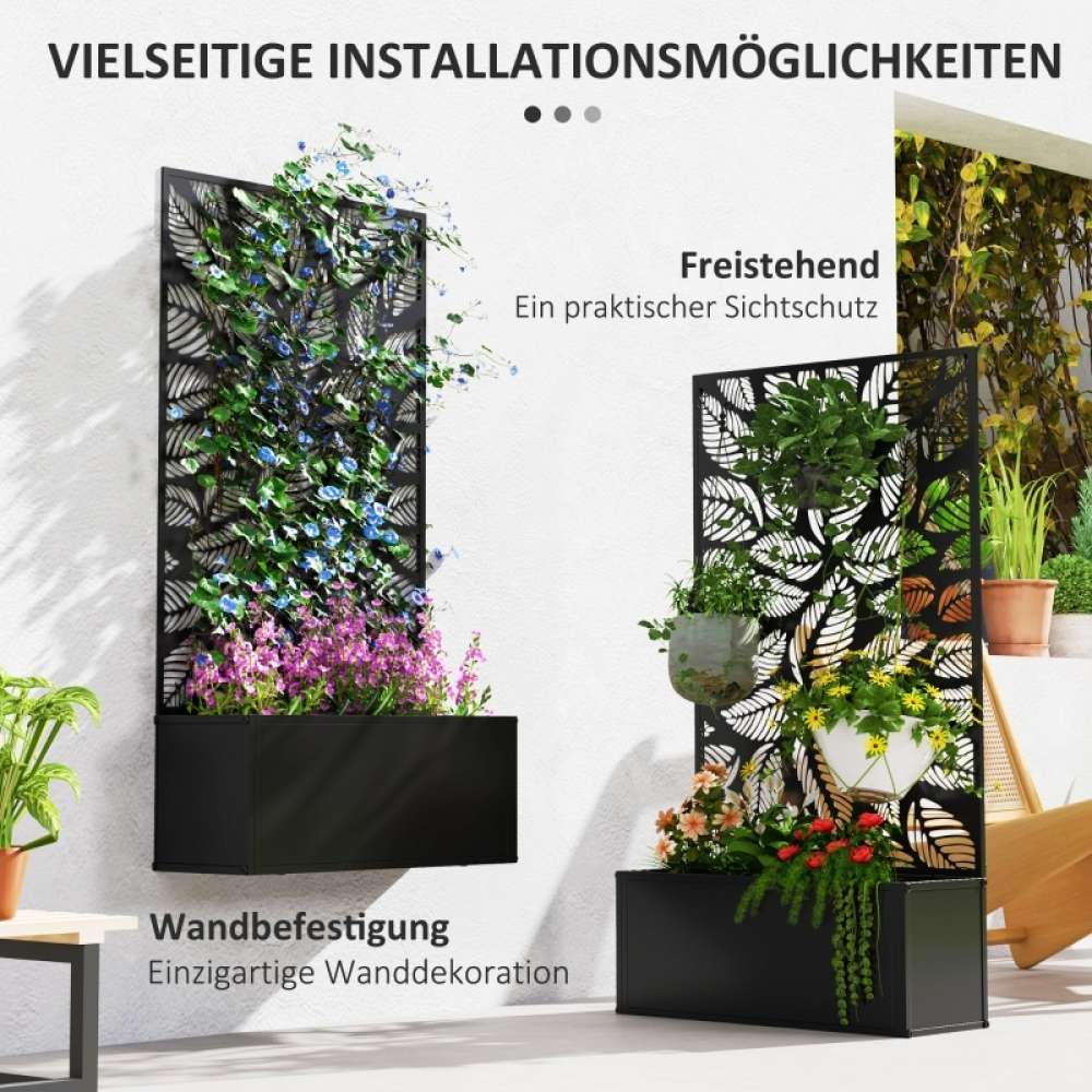 Bac potager surélevé avec treillis et panneau d’intimité, métal noir, jardinière de balcon, support plantes grimpantes, extérieur robuste - 5