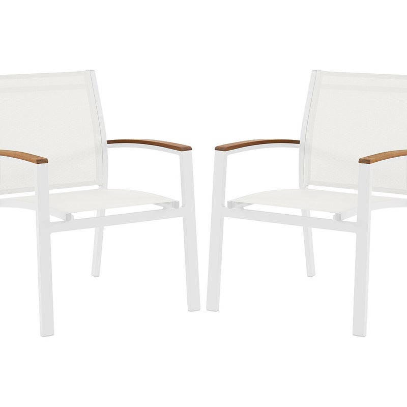 Zestaw 2 foteli ogrodowych sztaplowanych z aluminium i tekstylenu - Biały i akacjowe podłokietniki - TAIPIVAI marki MYLIA