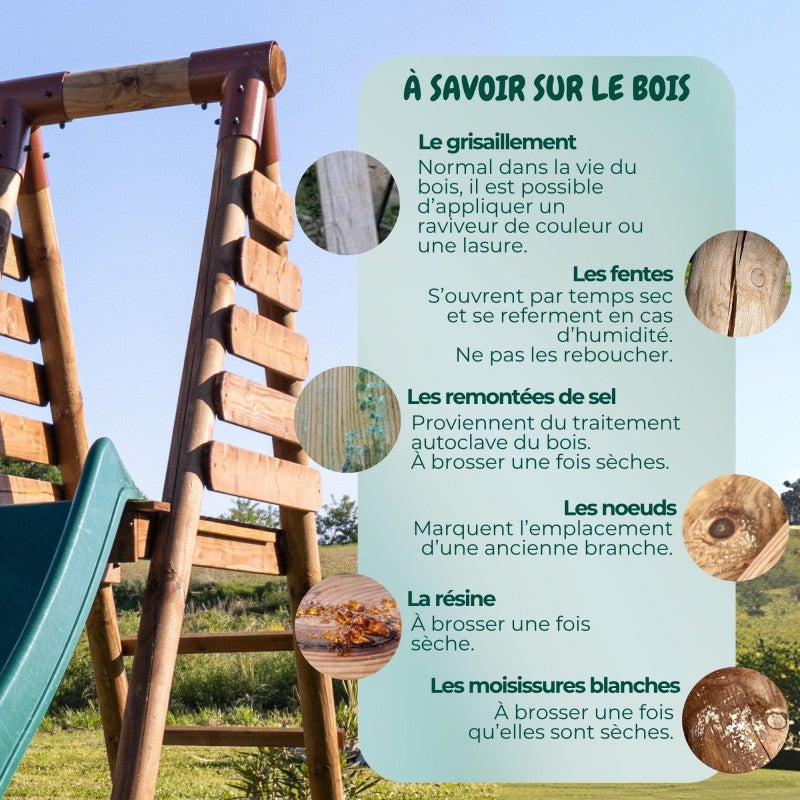 Portique en bois rond 3 agrès avec face à face, échelle et toboggan bas MÛRIER - 8
