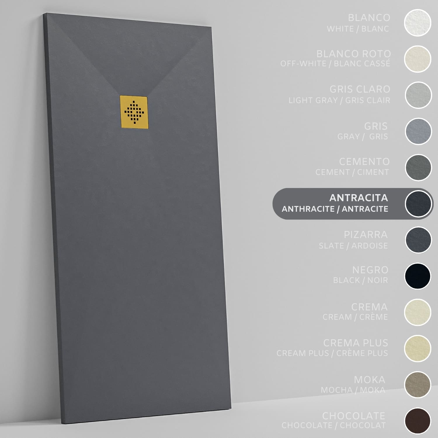 SOULHOME Brodzik prysznicowy– Żywica– Gel Coat– Gładka/Kamienna tekstura – Antypoślizgowy – antracytowy – 210x80- Niski 3 cm– Ruszt Złoty