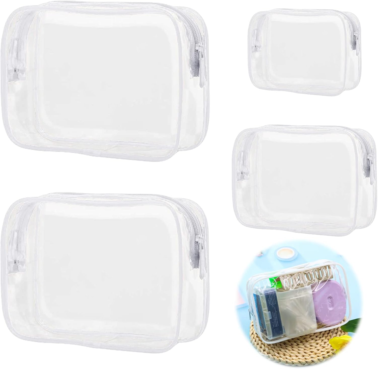 Lot De 4 Trousses De Toilette Transparentes PVC – étanches, Fermeture éclair, Conformes TSA, Pour Voyage Et Maquillage