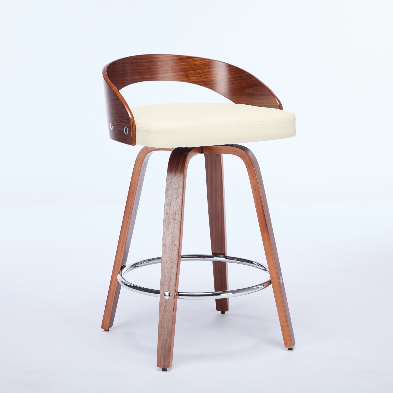 Lot de 2 chaise de bar Pivotants Hauteur Standard 63 cm, Dossier Bas en Bois Teinté Noyer, Tabouret de bar avec Assise en Noir Simili-Cuir Confortable - 7