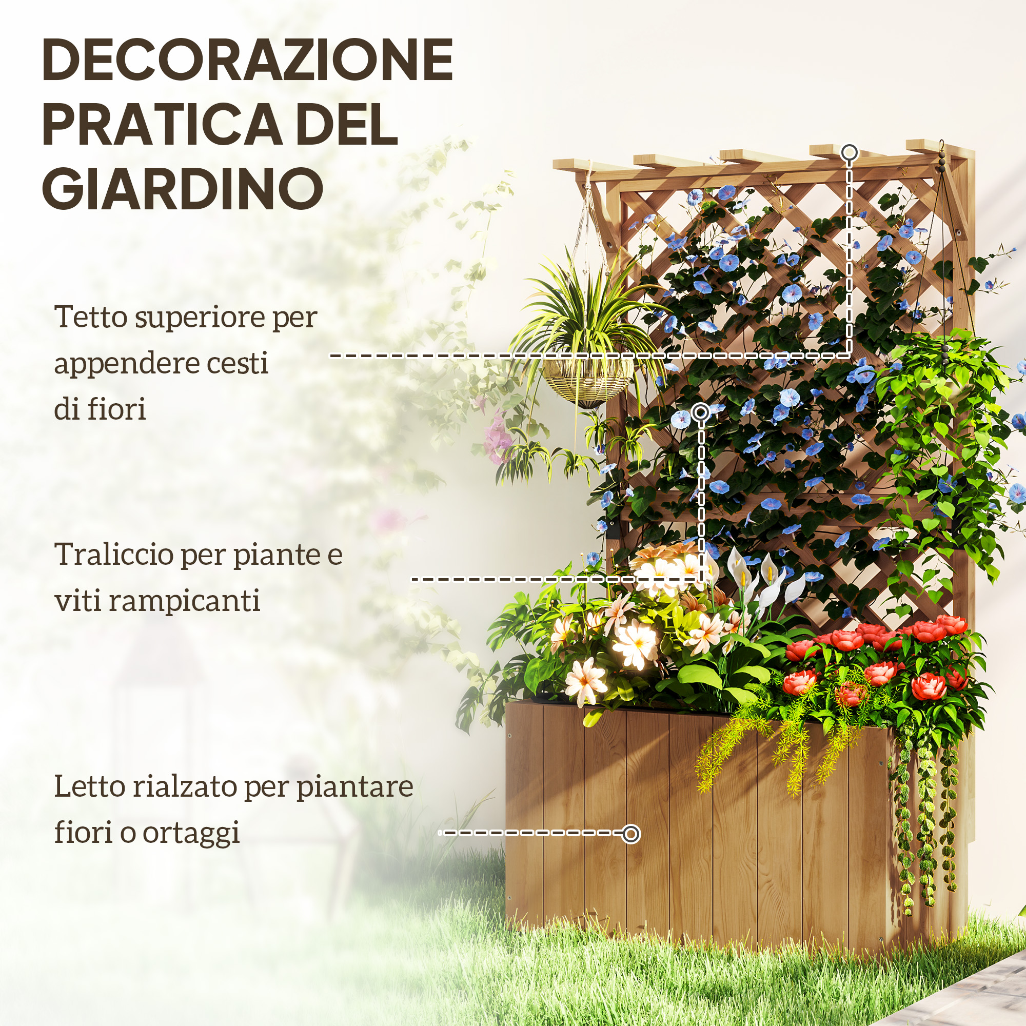 Jardinière surélevée avec treillis, toit pergola et trous de drainage, jardinière d'extérieur en sapin pour plantes grimpantes, fleurs,64x33x122 cm - 5