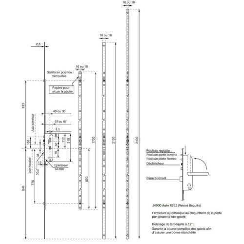 Serrure à larder 4 points 20215 RB Têtière de 16 mm axe 40 mm - 2