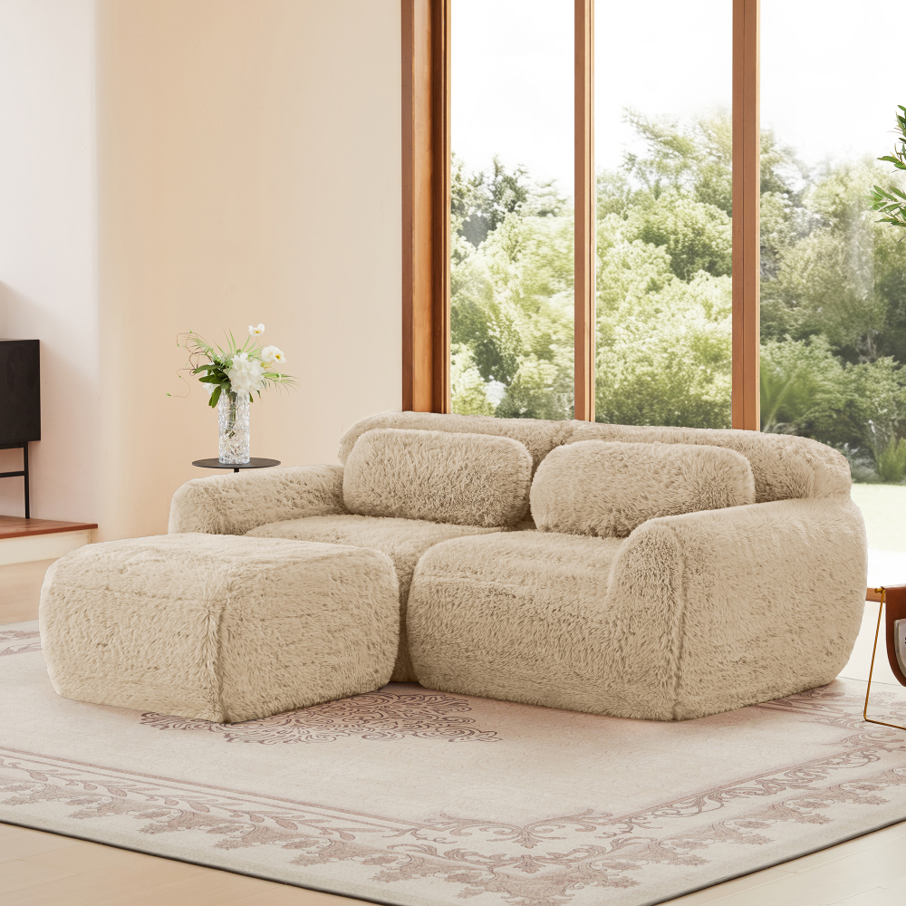Sofa narożna, w kształcie litery L, 2-osobowa, modułowa, pluszowa, do małych pomieszczeń, z poduszkami, jasny khaki
