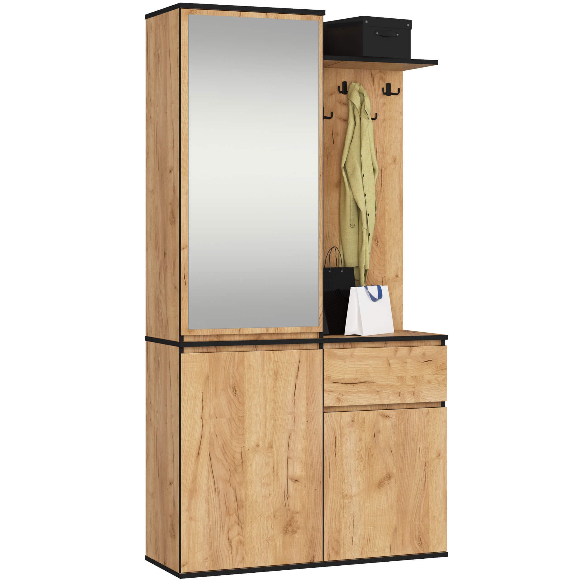 Zestaw do przedpokoju z lustrem AKORD ENTRO Dąb Craft 95 cm 1 szuflada 3 drzwi 7 półek 95x35x183 cm