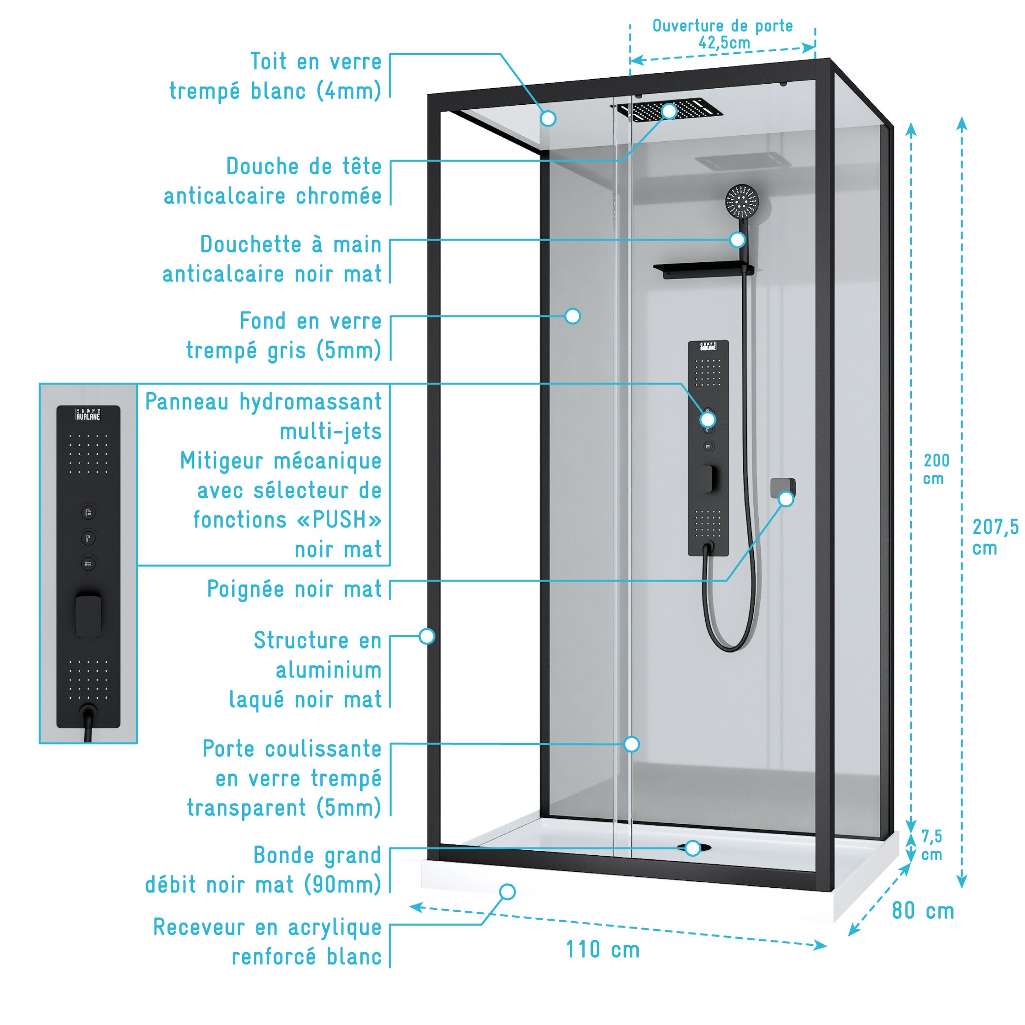 Cabina doccia idromassaggio 110x80 Piatto basso - Grigio Profili Nero Opaco - GREY STYLE LAW - 4