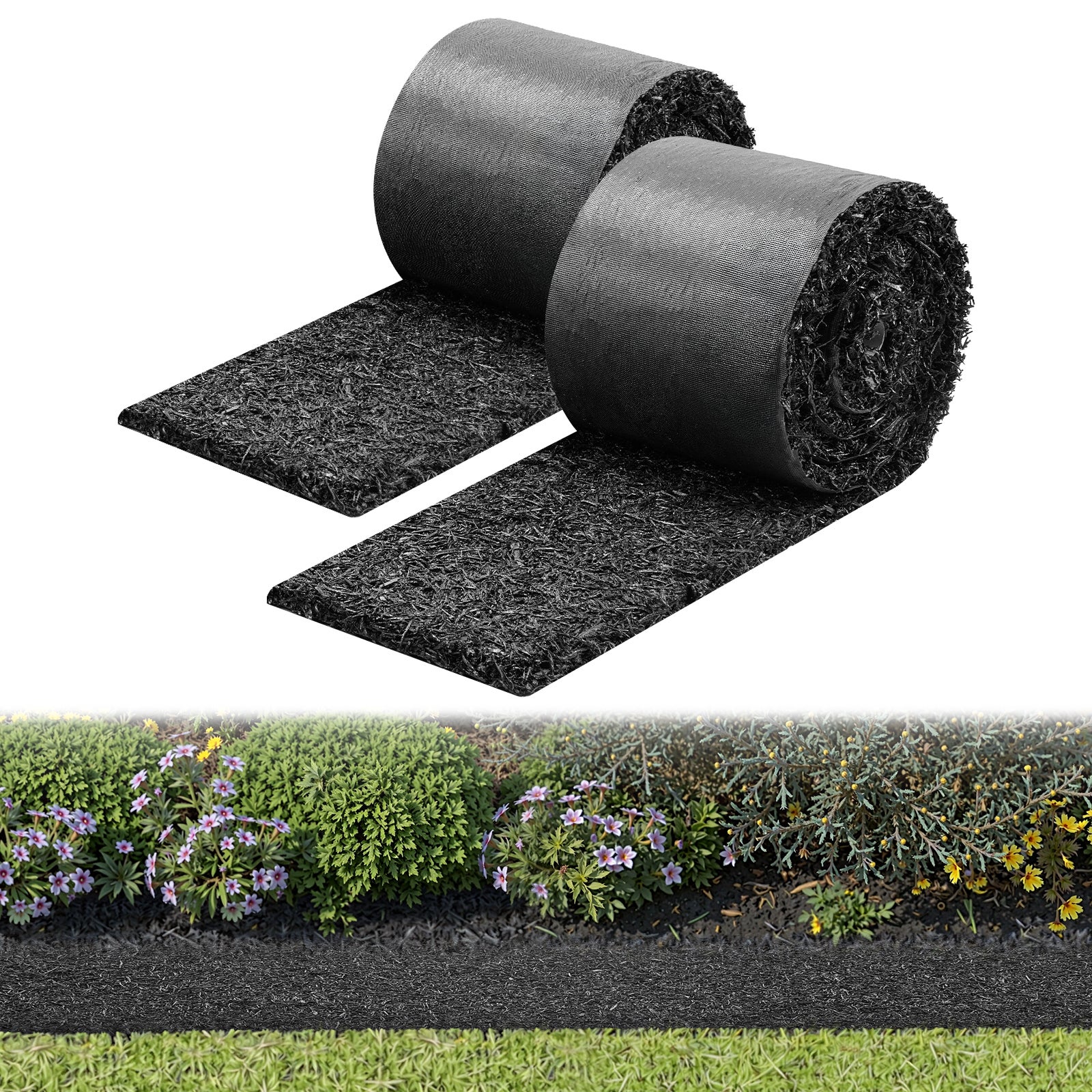 Rolă de mulcire din cauciuc VEVOR 356 x 14 cm (pachet de 2) – Covoraș de mulcire din cauciuc pentru amenajarea peisagistică, alei, borduri de grădină 2buc