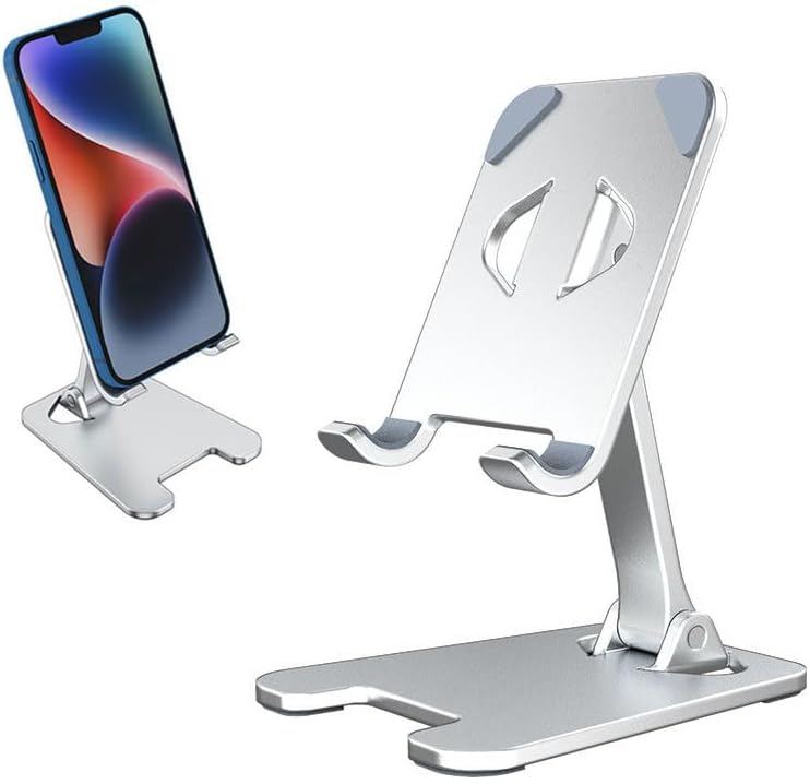 Stojak na telefon stacjonarny, przenośny uchwyt na telefon ze stopu aluminium, regulowany, wielokątowy i składany stojak – srebrny