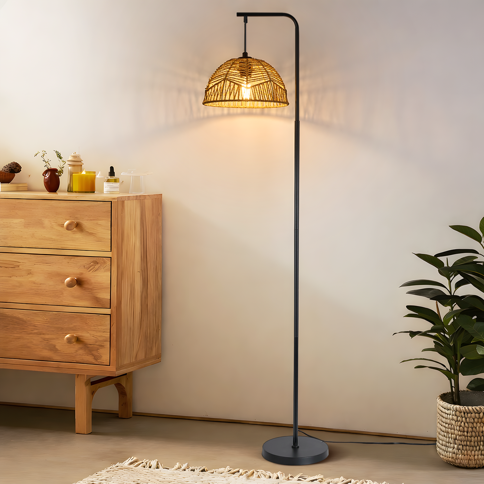 NETTLIFE Lampa Podłogowa Łukowa Boho Czarna, Abażur z Liny, Styl Vintage E27 164cm z Włącznikiem Nożnym do Salonu