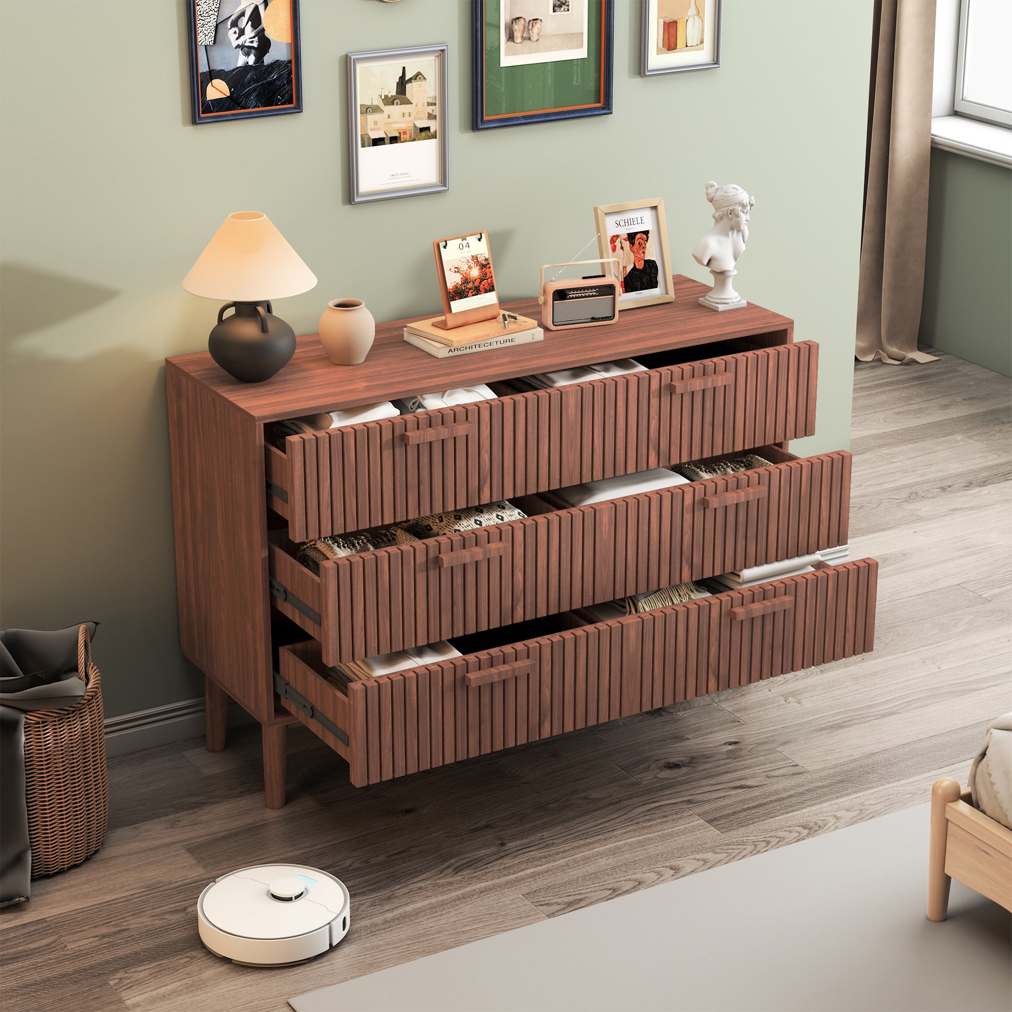 Commode 6 Tiroirs Bois, Armoire à Tiroirs Commode Chambre Adulte, Meuble de Rangement pour Salon et Entrée Couloir, Brun Foncé(100 x 34 x 73cm) - 3