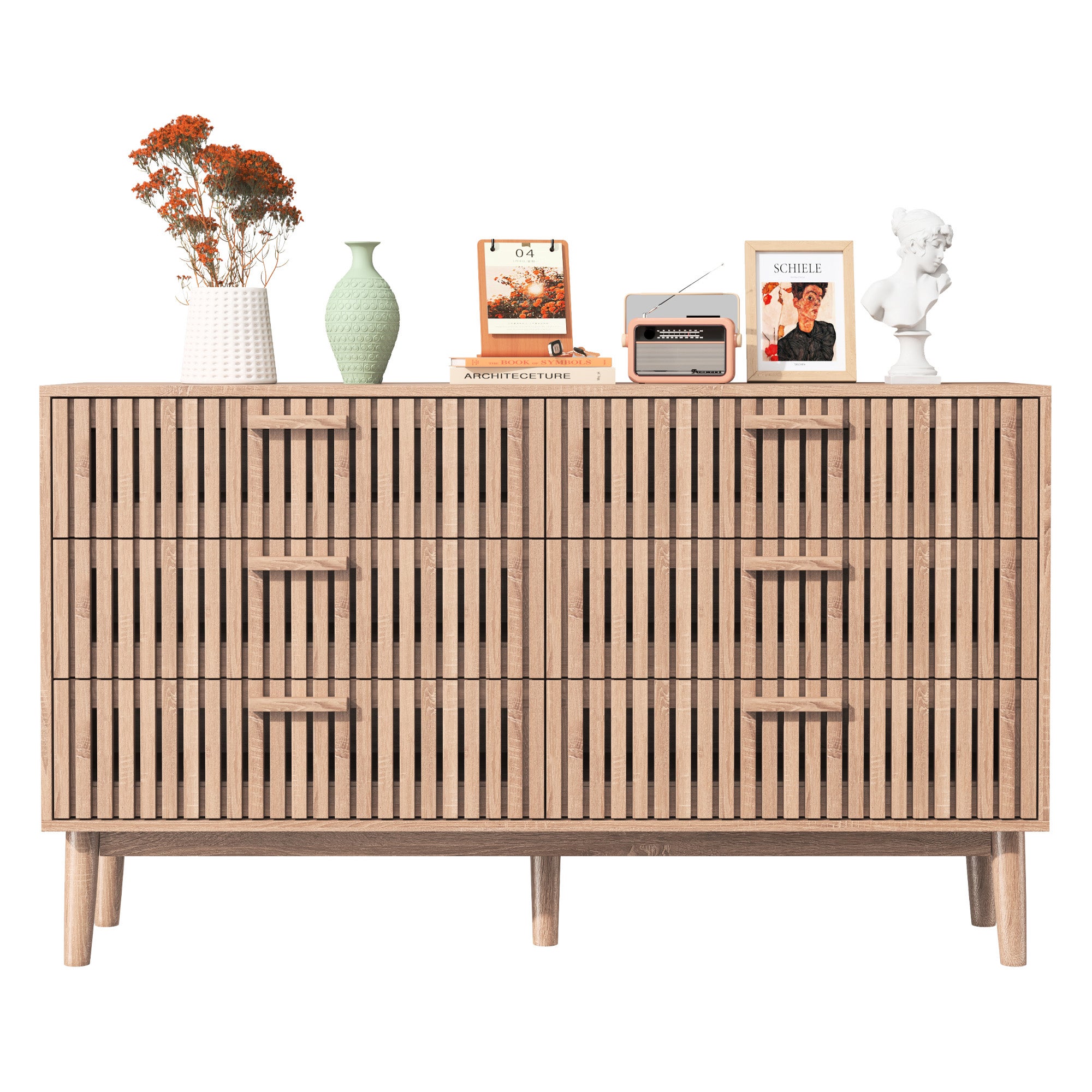 Commode avec 6 tiroirs, COZY, commode de chambre en bois, pieds en bois, 100x34x73 cm, Aspect bois, pour chambre salon, Bois clair - 5
