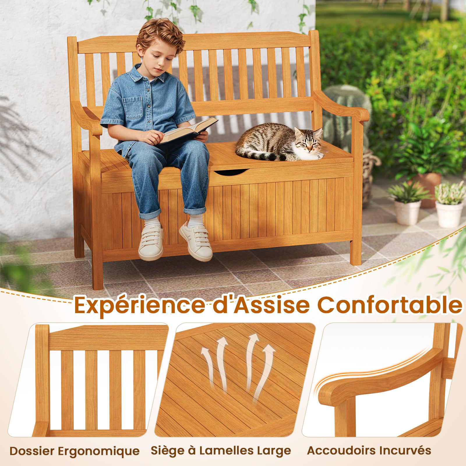 Banc de Jardin en Bois d'Acacia 107 x 59 x 90cm, Banc Coffre Extérieur 2 Places avec Boîte de Rangement, Coffre Jardin 125L, Charge Max 360 kg - 6