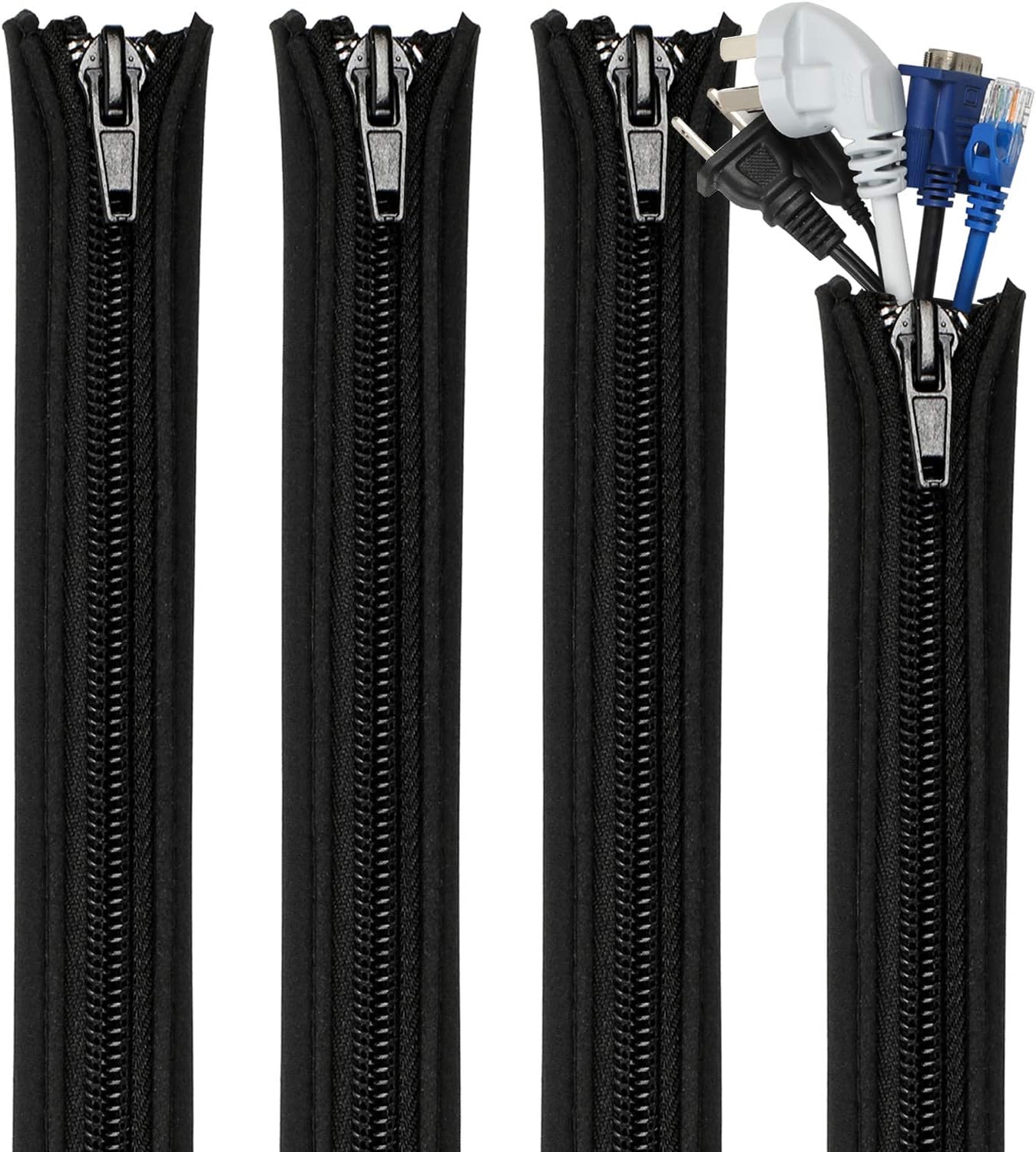 Gaine Cable 1,5m (4x38cm) Avec Fermeture Éclair - Organisateur Câbles Néoprène Durable