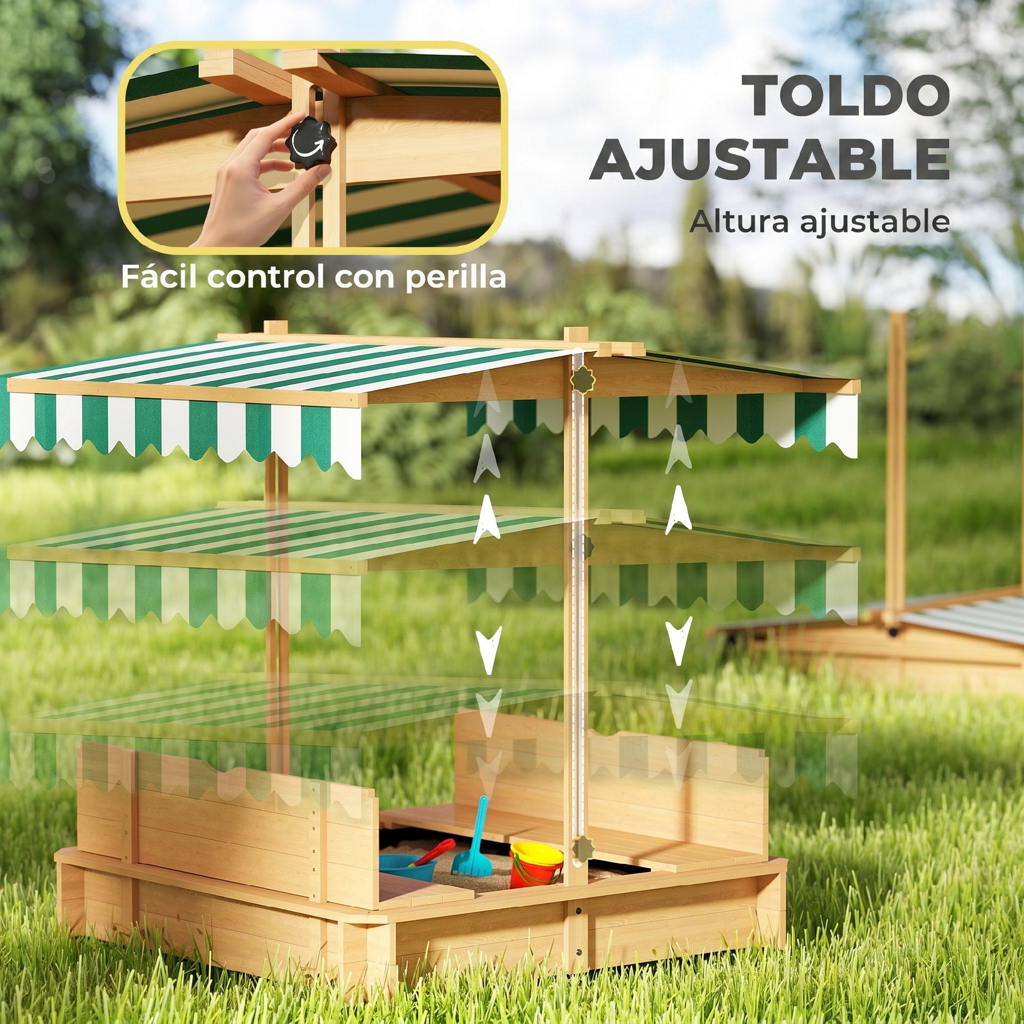 Caixa de Areia para Crianças Outsunny Madeira de abeto e Poliéster Natural, verde e branco 106x106x121cm - 4