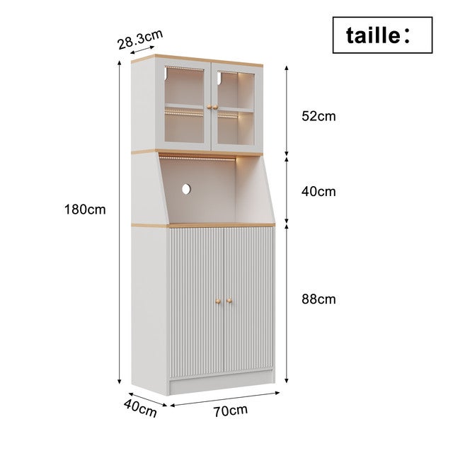 Armoire de Cuisine Colonne 180cm, Buffet avec Éclairage et Étagères Réglables, Plan de Travail et Portes en Verre Transparent, 70x40x180cm - 4