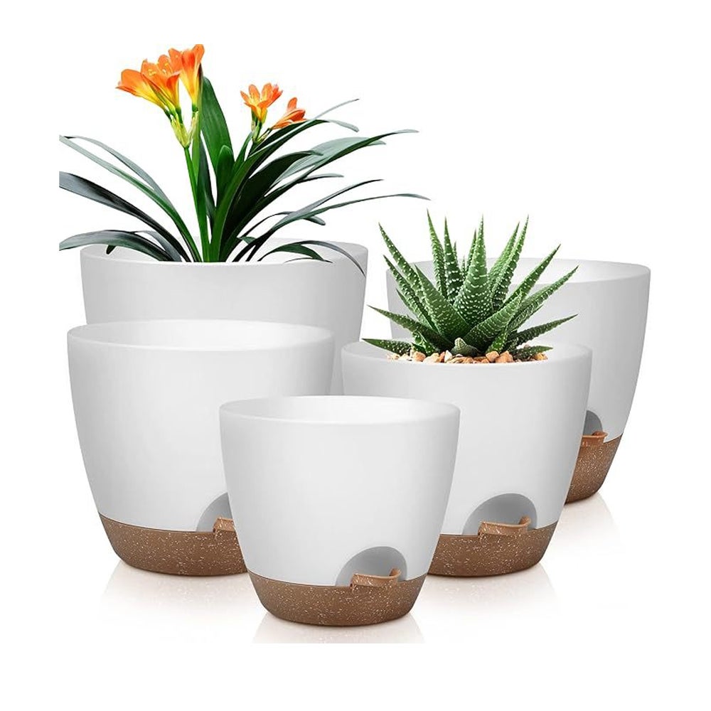 plastikowych doniczek na kwiaty, 18/16,5/15,2/14/12,7 cm, samonawadniających, z podstawką, odpowiednich do ogrodów.