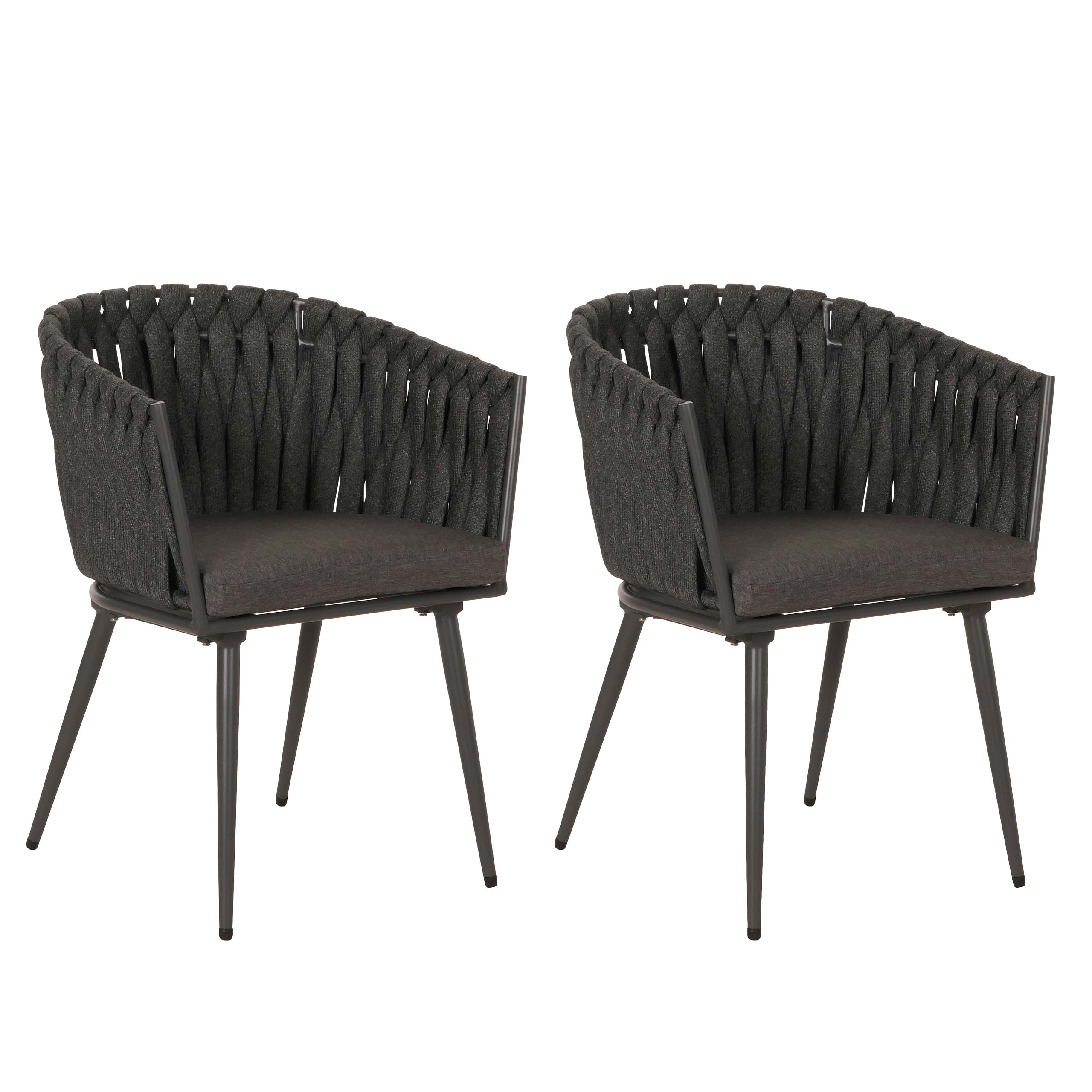 Zestaw 2 aluminiowych krzeseł ogrodowych HWC-N38, podłokietnik krzesła zewnętrznego, splot liny Olefin Rope ~ antracyt poduszka ciemnoszara