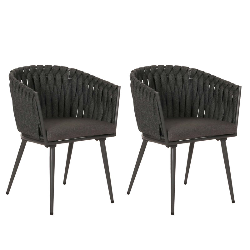 Zestaw 2 aluminiowych krzeseł ogrodowych HWC-N38, podłokietnik krzesła zewnętrznego, splot liny Olefin Rope ~ antracyt poduszka ciemnoszara