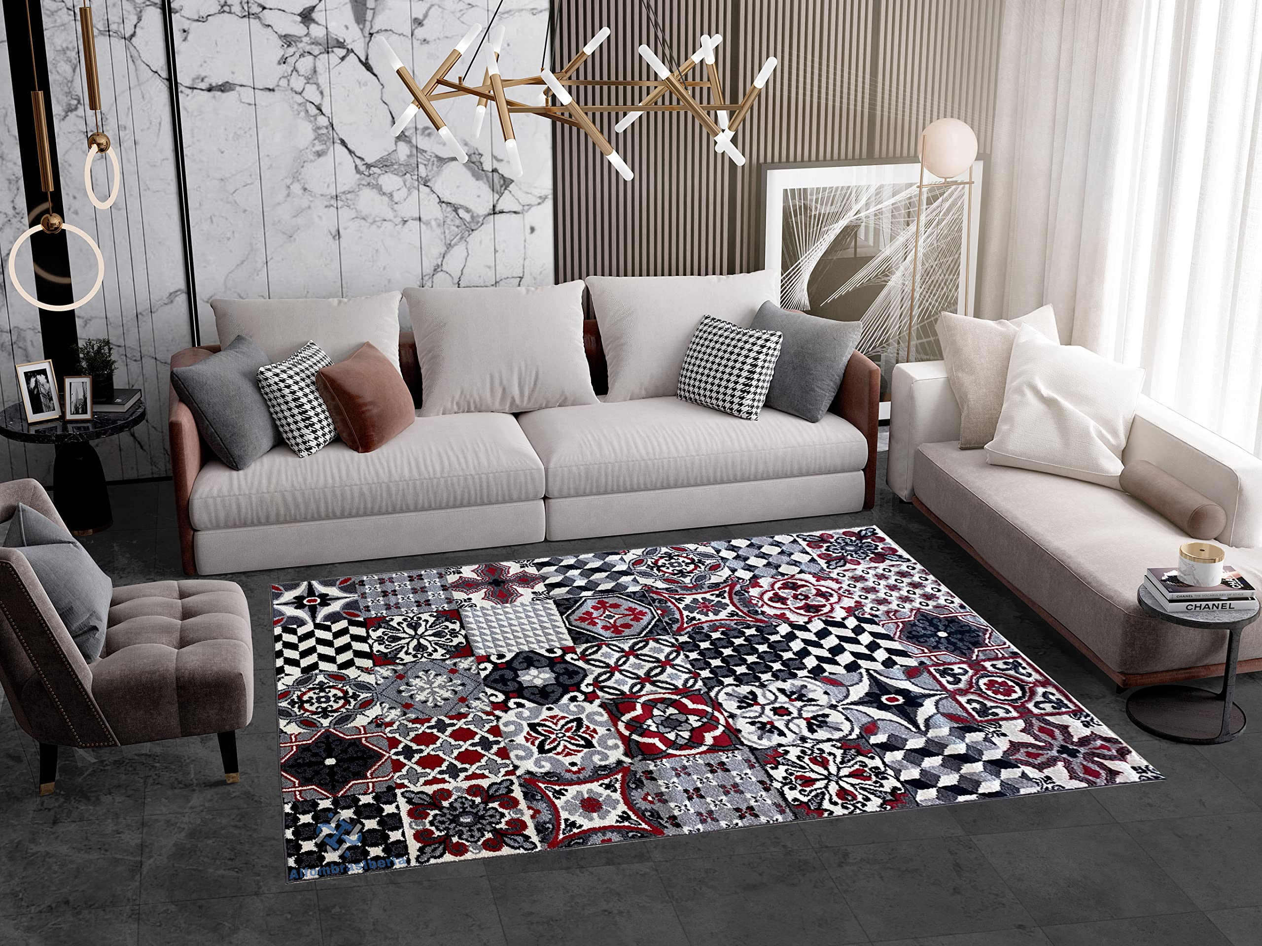 Alfombra moderna diseño mosaico | pelo corto lavable | ideal para salón, dormitorio, sala, comedor o habitaciones grandes (190 x 280 cm, rojo)