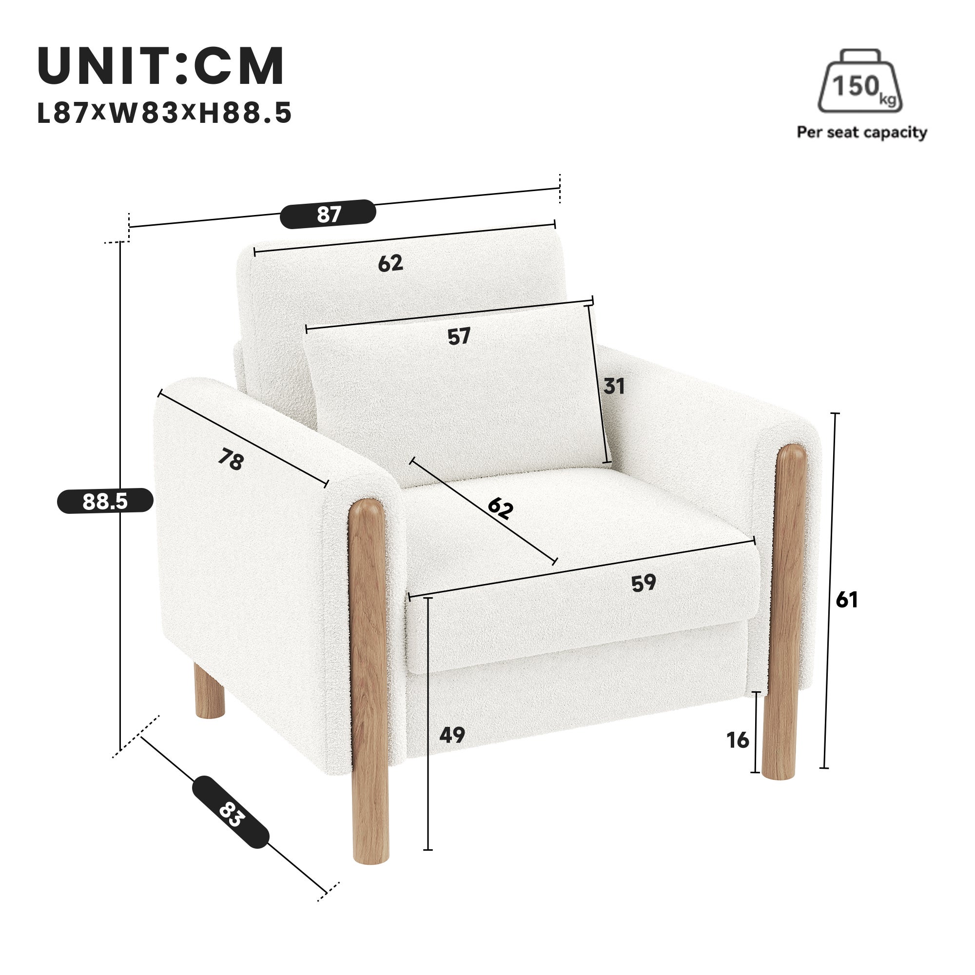 Nowoczesny fotel 87 x 83 x 88,5 cm - grube poduszki - lite drewno + bawełna PP - biały - 2