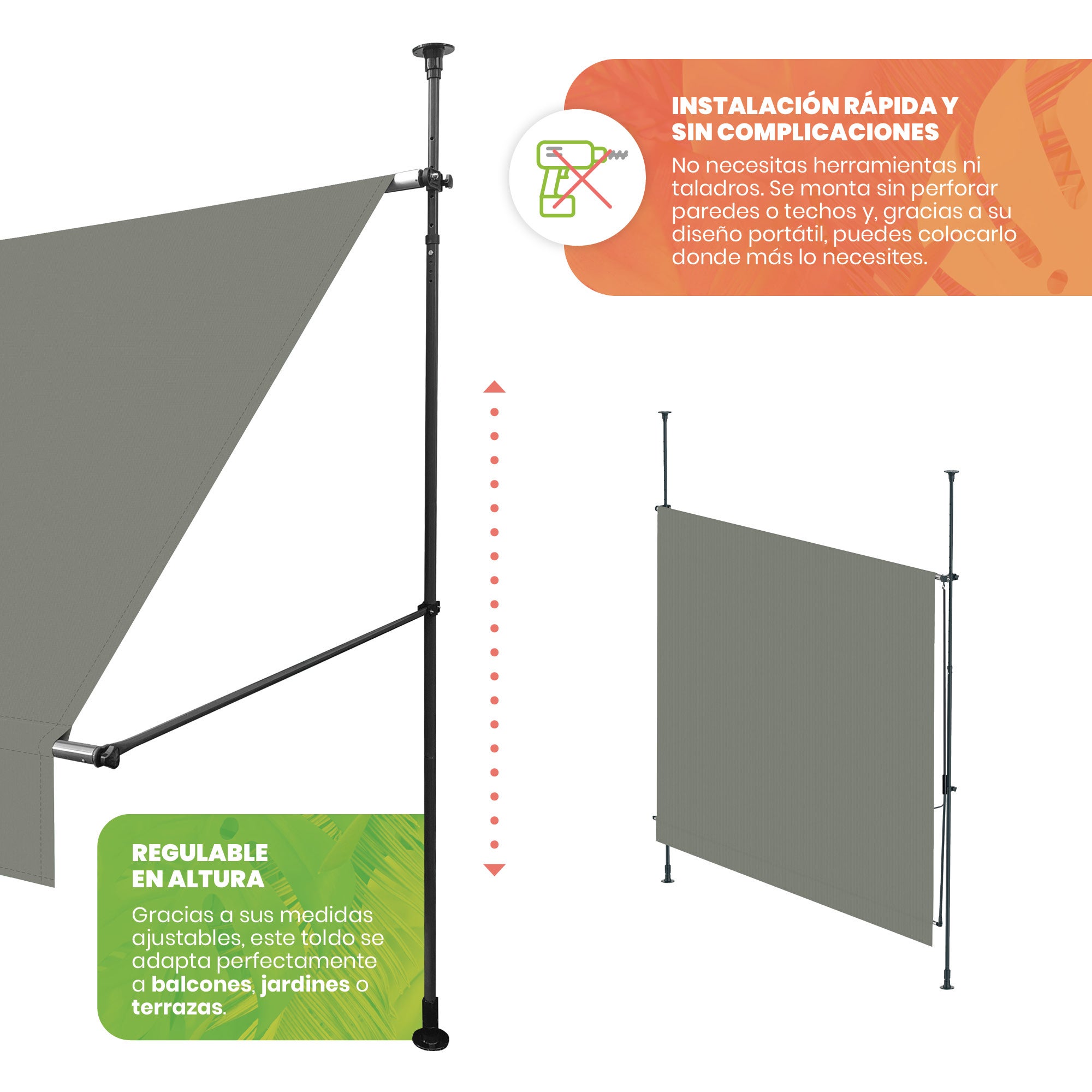 Wasabi - Toldo Cityline Cinza – Portátil 3x1,2m, Ajustável, Proteção UV, Sem Perfuração, Jardim, Varanda - 3