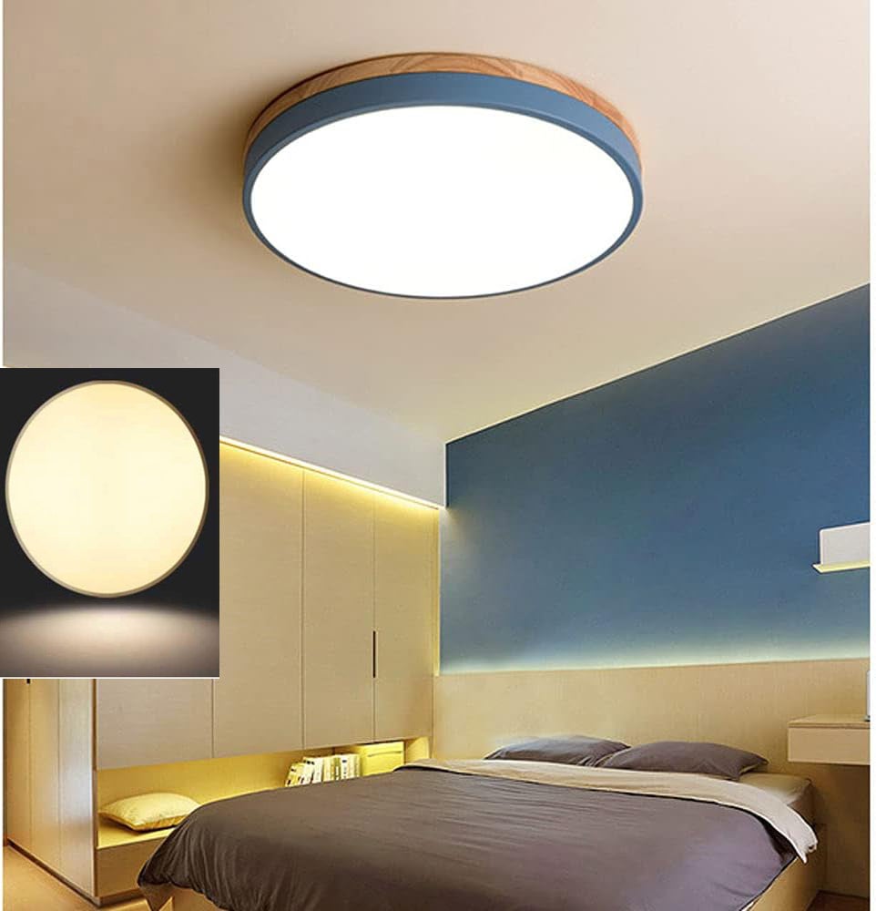Niebieska lampa sufitowa LED Prosta nowoczesna okrągła lampa wpuszczana w sufit Płaska drewniana sufitowa przedpokoju Ciepłe światło sufitowe wejścia