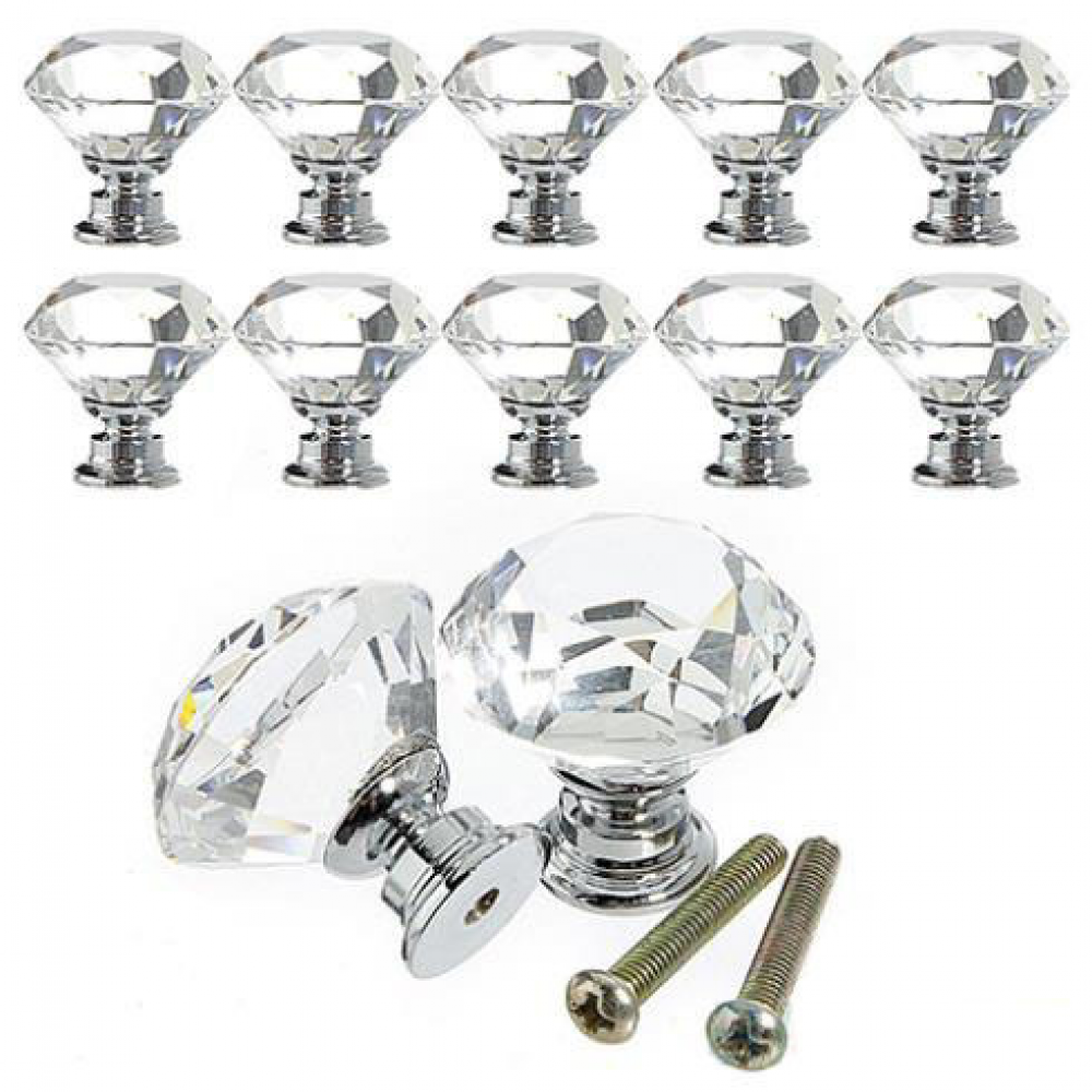 10 szt. 30 mm kryształowe uchwyty w kształcie diamentu do szuflady szafki kuchennej i drzwi szafy w kolorze srebrnym