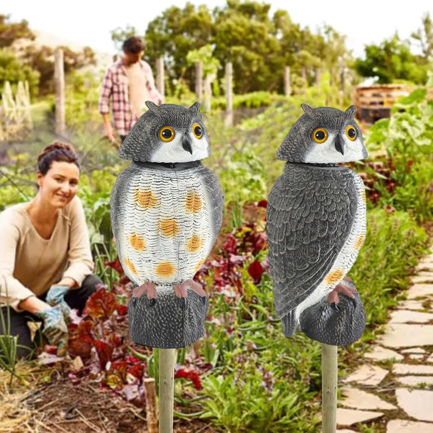 Señuelo de búho con cabeza giratoria, señuelos de búho realistas para ahuyentar pájaros, disuasivo de pájaros de plástico, 6, 7x7, 1x15 - 4