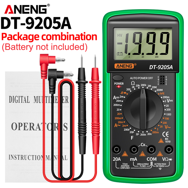 Voltímetro digital, amperímetro, testador de tensão digital, medidor de resistência, sonda de teste, multímetro com gama automática, DT-9205A