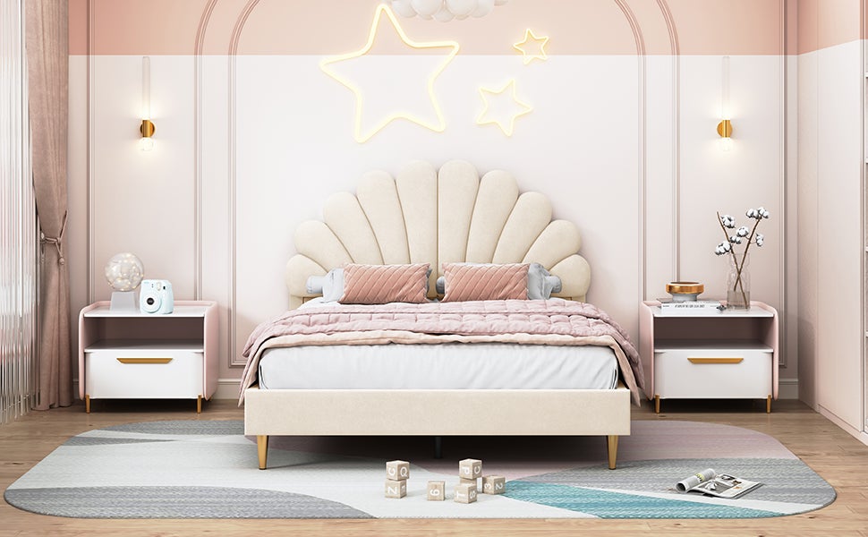 Lit 140x190 cm avec sommier à lattes, COZY, forme de pétale, cadre de lit double, lit enfant, tissu en velours, 140x190 cm, beige - 4